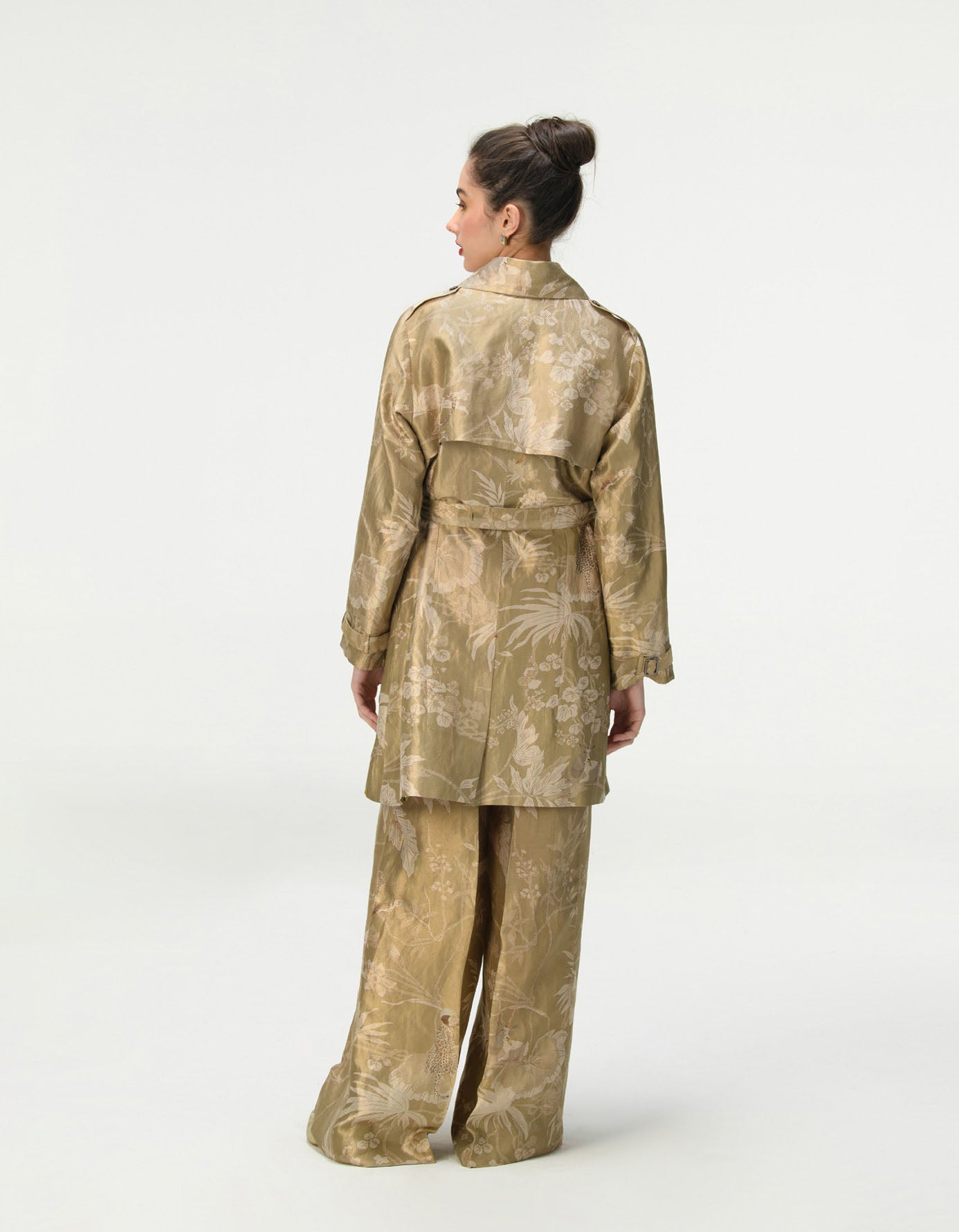 Elegant Trench Coat in Silk Brocade - Oyster Grey Color | Perfect for Formal Events, Weddings & Office Wear