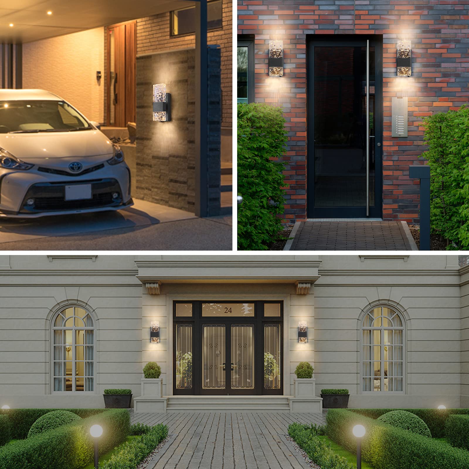 Modern Waterproof LED Outdoor Wall Sconce Lights - Dusk to Dawn Up/Down Porch Lighting with Ripple-Textured Crystal Glass - Exterior Wall Mount Fixtures for House, Garage, Patio & Garden (Weatherproof for All Seasons)