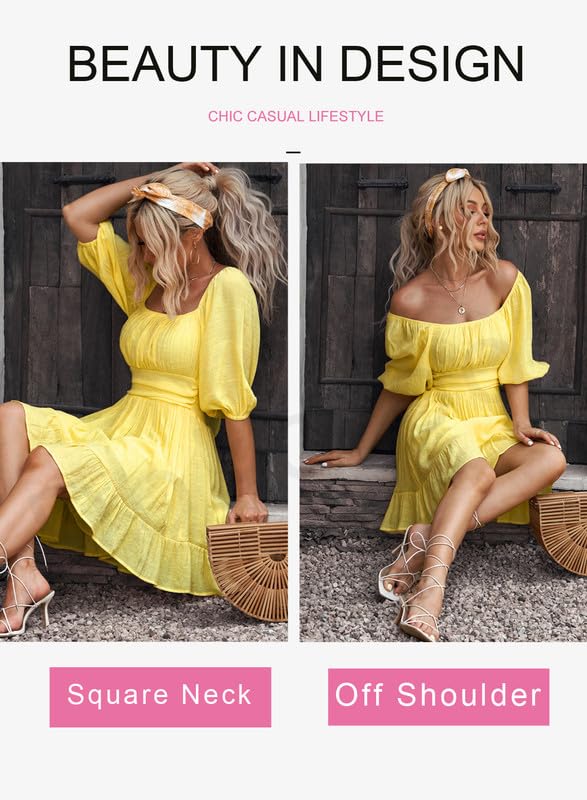Dokotoo Women's Summer Dress - Square Neck Tie Back Lantern Sleeve Ruffle A-Line Casual Sundress for Beach, Vacation & Outdoor Parties