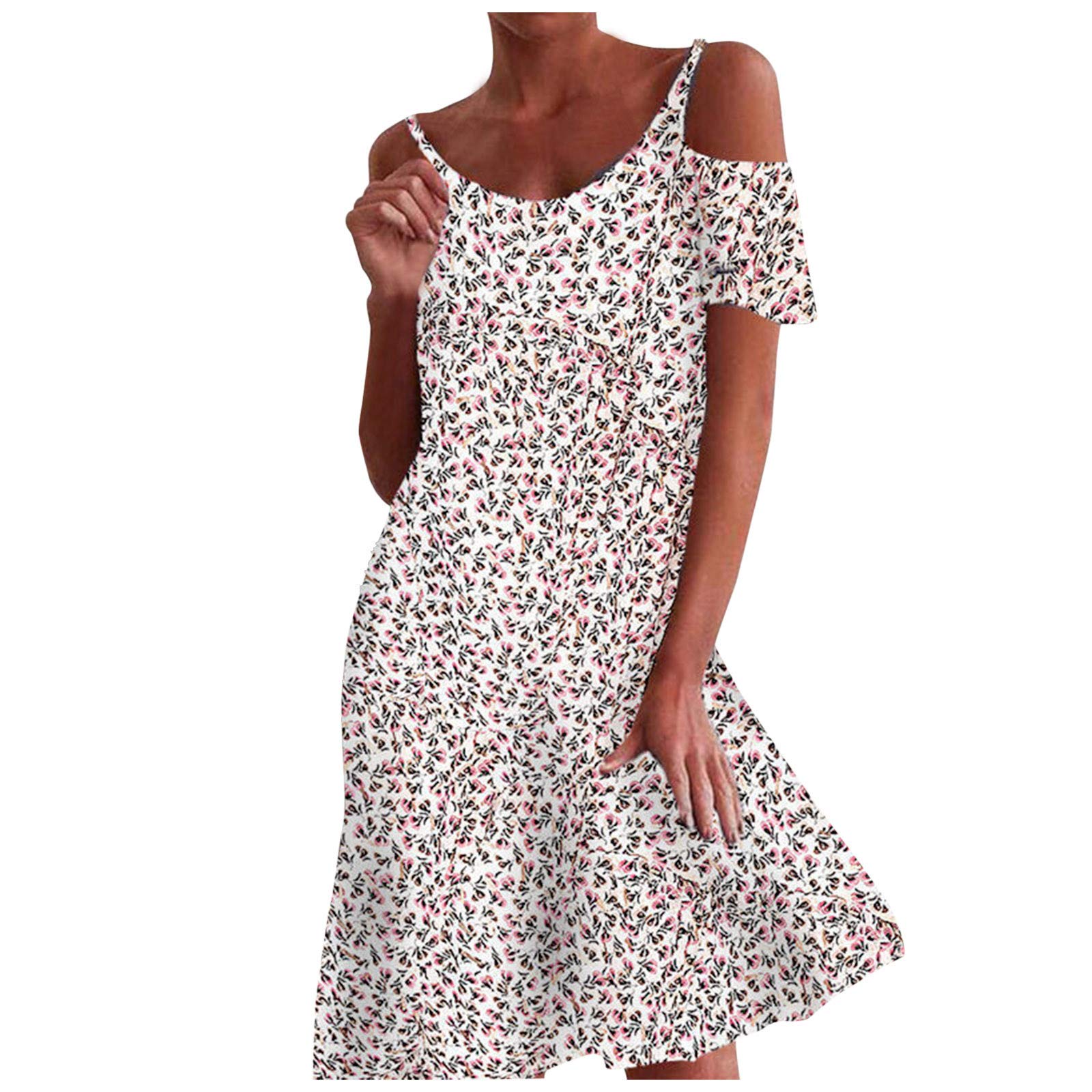 Women's Floral Print Strapless Loose Fit Short Sleeve Dress - Small Size Digital Stripe Design for Casual Wear, Summer Outfits & Beach Vacations