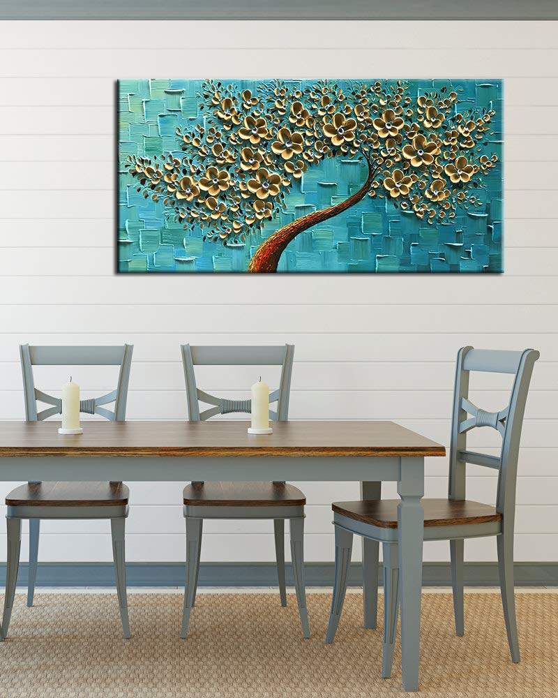 YaSheng Art - Handmade Golden Flowers Oil Painting on Canvas, Abstract Tree Texture Palette Knife Artwork, Modern Wall Decor for Bedroom, Living Room & Office (24x48 Inch) - Perfect for Home Decor, Housewarming Gifts & Interior Design