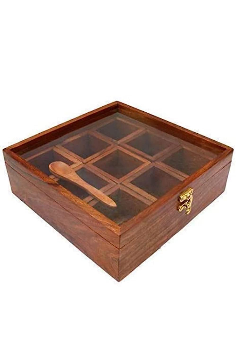 IBLAY Handmade Wooden Spice Box - 9 Compartment Brown Designer Spice Organizer for Kitchen & Dining (8x8x2 Inches) - Perfect for Storing Herbs, Spices, and Seasonings in Pantry or Countertop