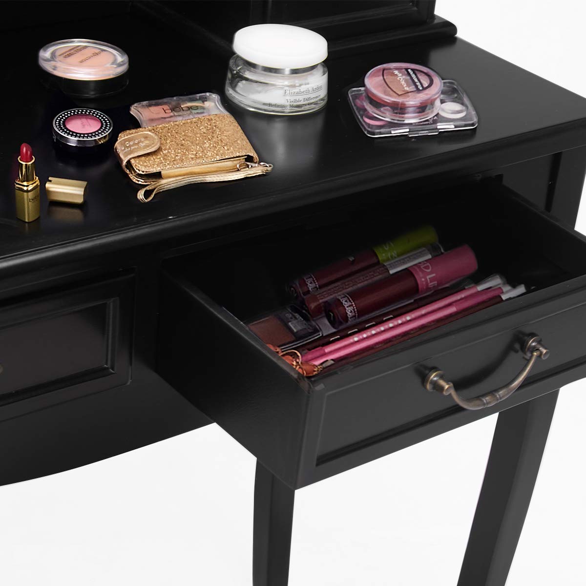 Vanity Table Set with Stool & Mirror - 4-Drawer Multifunctional Makeup & Writing Desk, Tri-Folding Mirror & Cushioned Stool - Perfect for Home Bedroom, Dressing Room & Beauty Salon (Black)