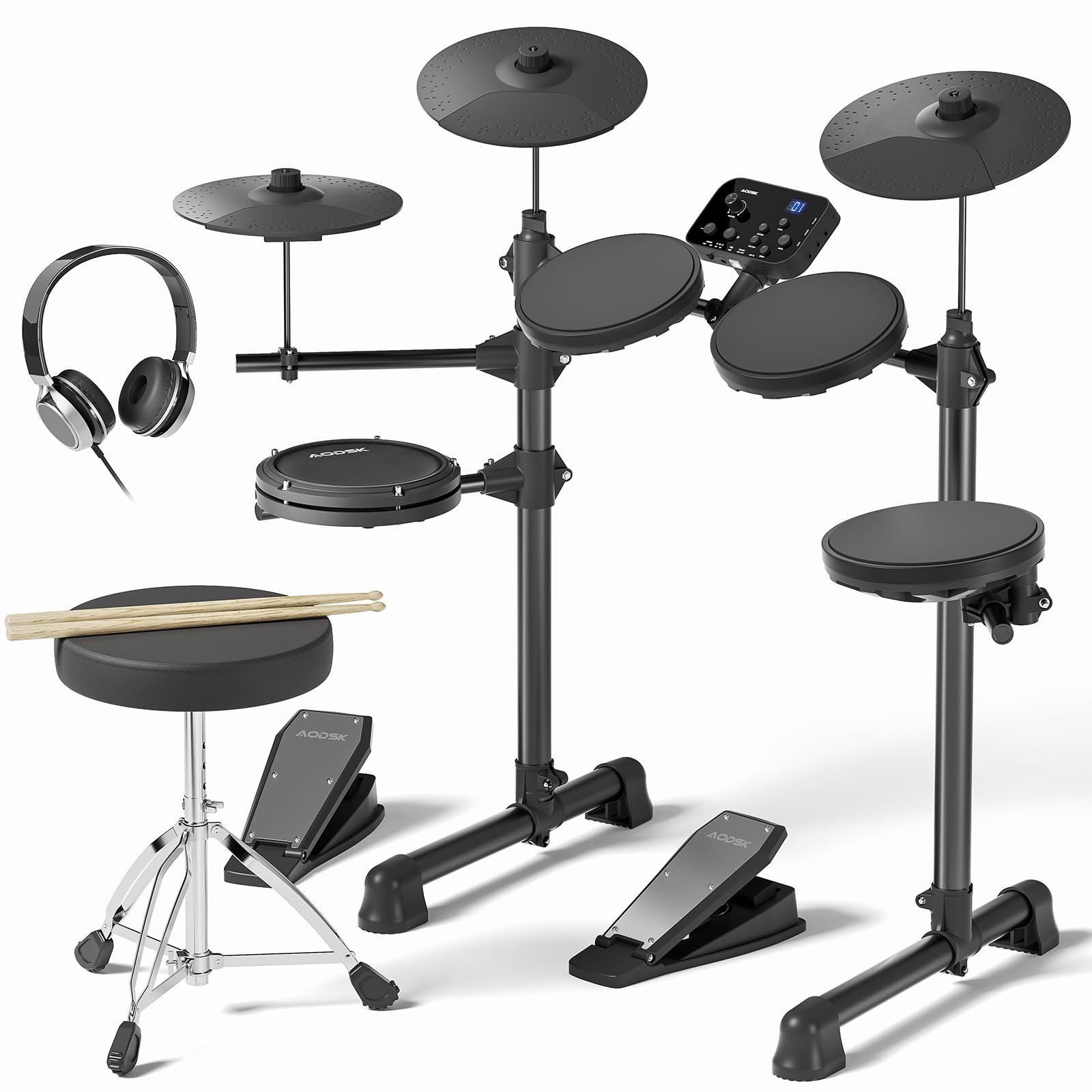 **AODSK AED-400 Electronic Drum Set for Beginners & Kids – 150 Sounds, 4 Quiet Drum Pads, 2 Switch Pedals, Drum Throne, Drumsticks & On-Ear Headphones – Perfect for Home Practice, Music Lessons & Quiet Play**