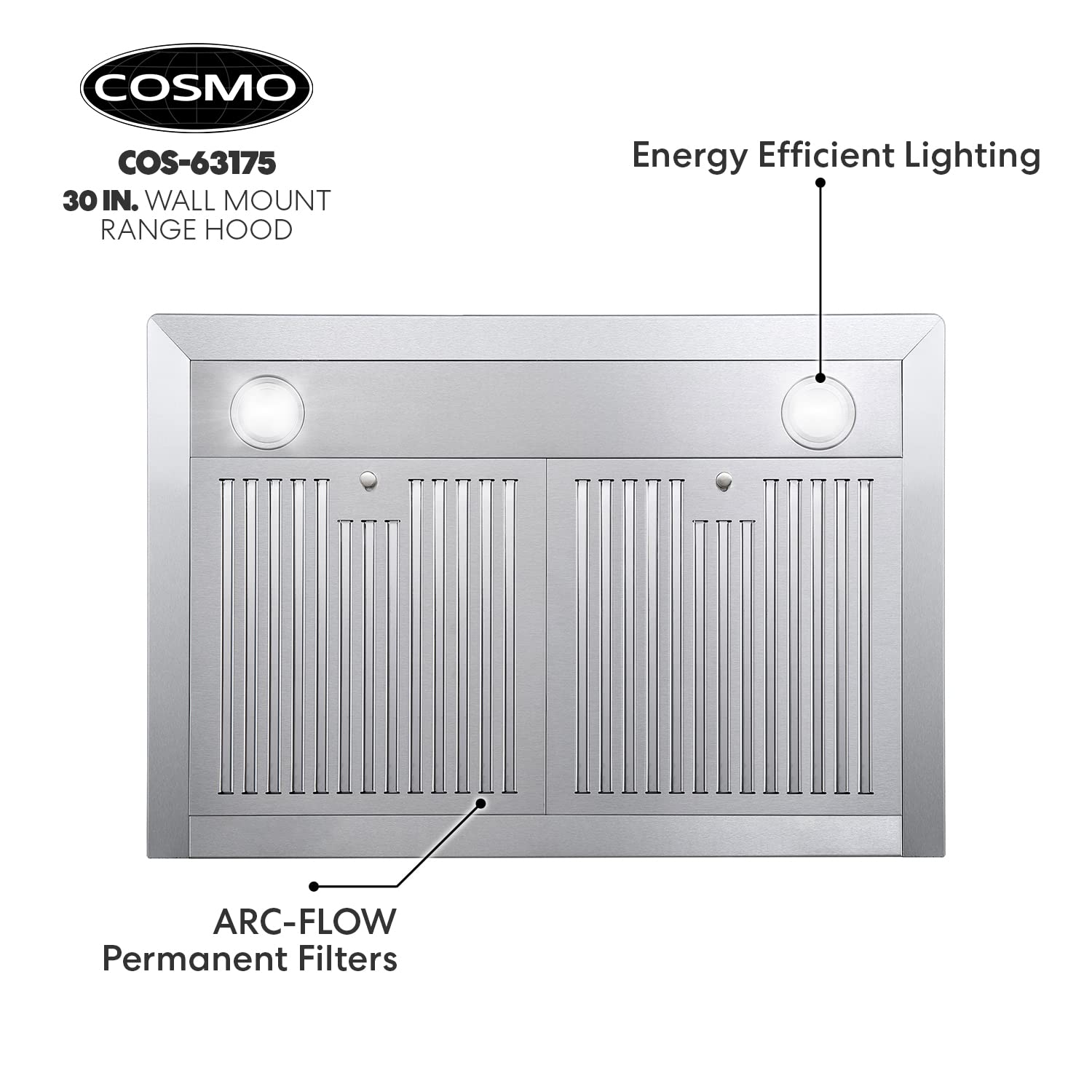 COSMO COS-63175 30-inch Stainless Steel Wall Mount Range Hood - 380 CFM Ducted Ventilation, Button Controls & LED Lights for Kitchen - Perfect for Modern Homes, Apartments, and Restaurants