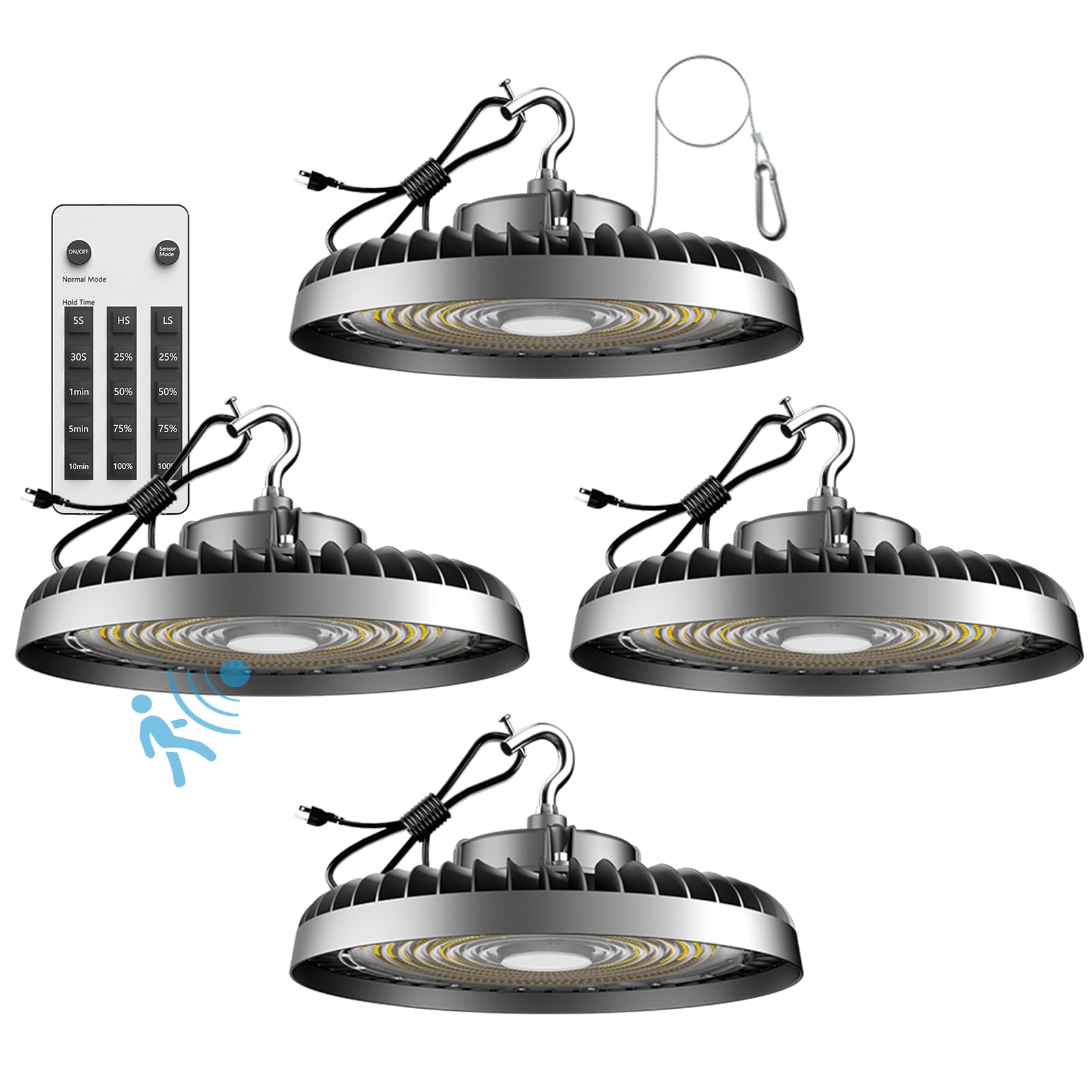 200W UFO LED High Bay Light - 30000LM Bright Warehouse Lighting with Remote Control (Normal & Motion Sensor Mode) - ETL-Listed, Plug & Play for 25-35FT Ceilings - 6 Year Warranty - 4 Pack - Ideal for Warehouses, Factories, Gymnasiums & Large Commercial Spaces