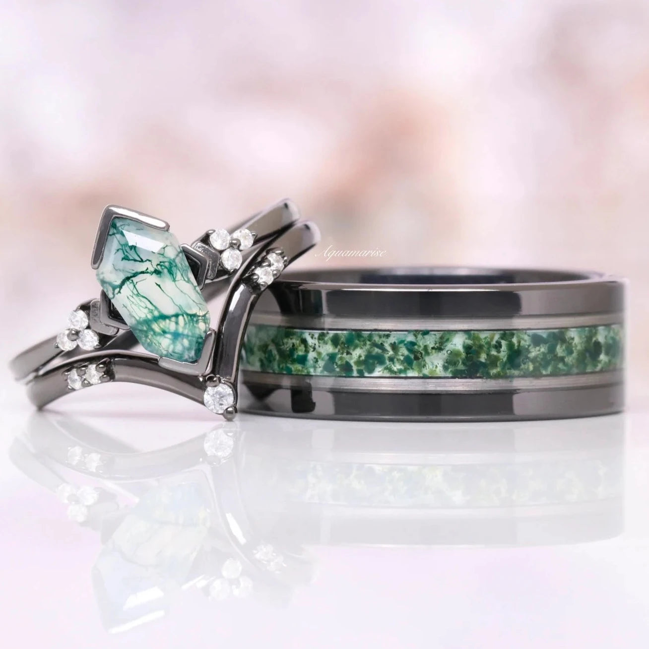 Moss Agate Couples Ring - Natural Stone Wedding Band for Him & Her - Handmade Sterling Silver Matching Rings - Perfect for Anniversaries, Engagements, and Romantic Gifts