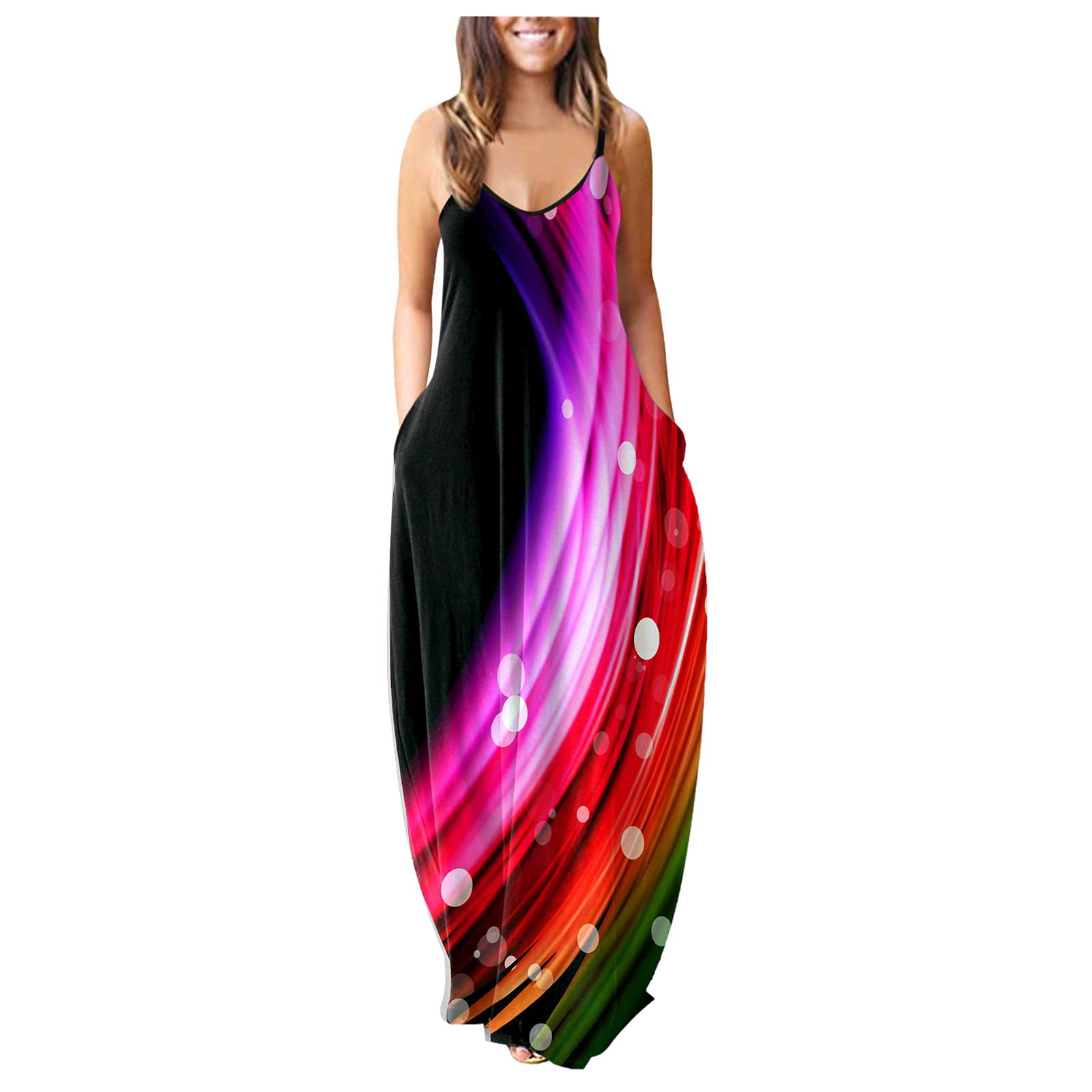 iQKA Women's Maxi Dress - Colorful Long Sleeveless V-Neck Tunic Dress with Pockets | Summer Casual Boho Beach Dress | Perfect for Vacations, Parties & Everyday Wear