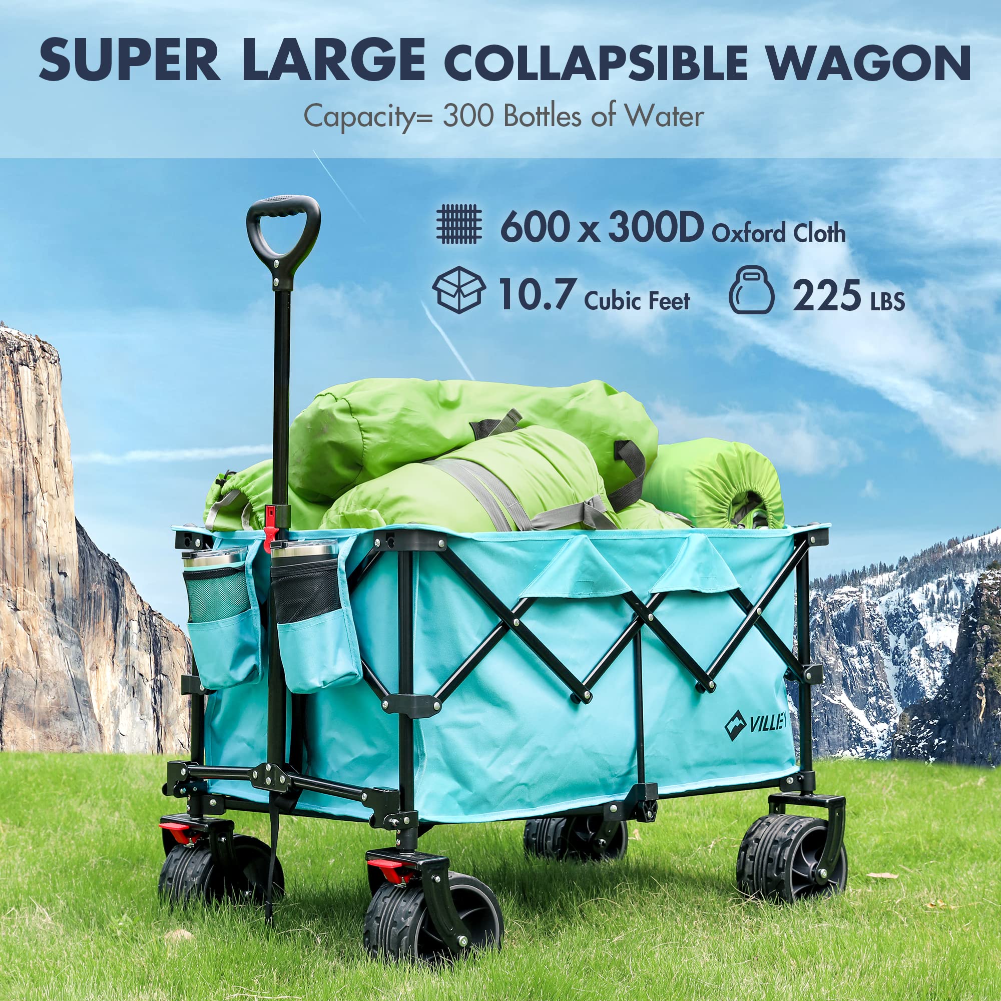 VILLEY Heavy Duty Collapsible Folding Wagon Cart with Big All-Terrain Wheels - 225lbs Capacity Utility Garden Cart with 2 Cup Holders & Brake - Perfect for Beach, Camping, Grocery Shopping & Outdoor Activities (Blue)