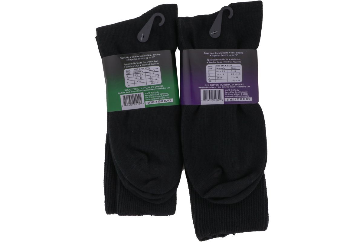 Extra Wide Crew Socks for Men & Women - Soft Stretch Black Cotton Socks for Swollen Feet, Diabetics & Comfort - Ideal for Daily Wear, Sports & Relaxation