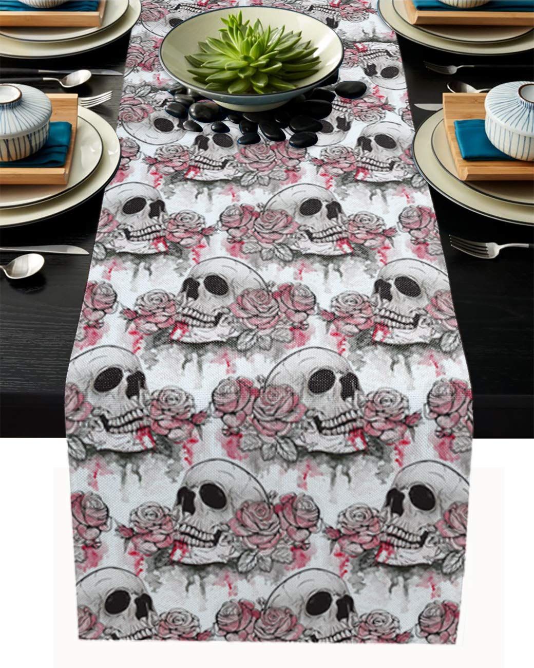 YEHO 13x70 Inch Non-Slip Polyester Table Runner - Skull Rose Graffiti Design for Halloween, Farmhouse, Wedding & Party Decor - Perfect for Dining Tables, Dressers, and Holiday Settings