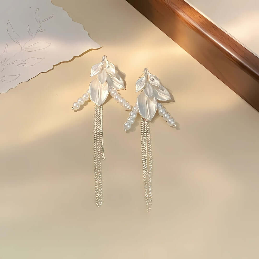 Ivory Pearl Leaf Link Chain Drop Earrings for Women | EH338 | Elegant Dangle Earrings for Wedding, Party & Evening Wear