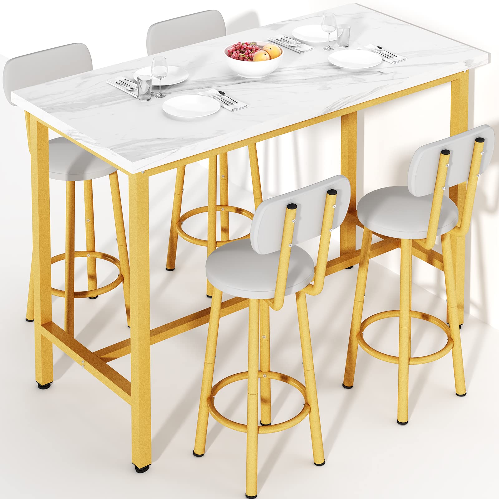 Recaceik 5-Piece Gold Dining Table Set - 43.3” Rectangle Pub Bistro Table with 4 Backrest Stools & Metal Frame - Perfect for Kitchen, Breakfast Nook, Dining Room & Small Space Entertaining