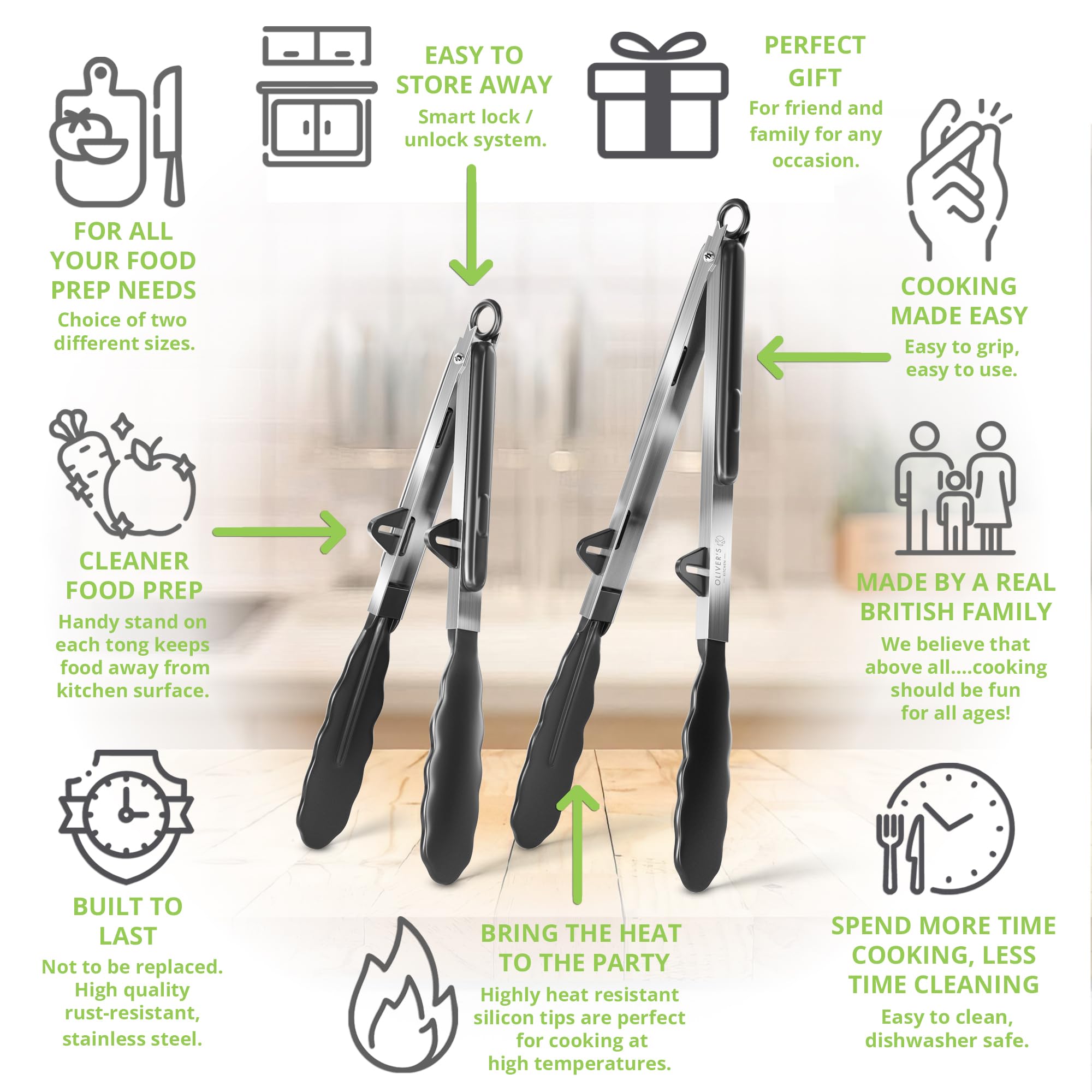 Oliver's Kitchen Silicone Tongs - Stainless Steel BBQ & Cooking Tongs for Easy Grip - Perfect for Grilling & Serving