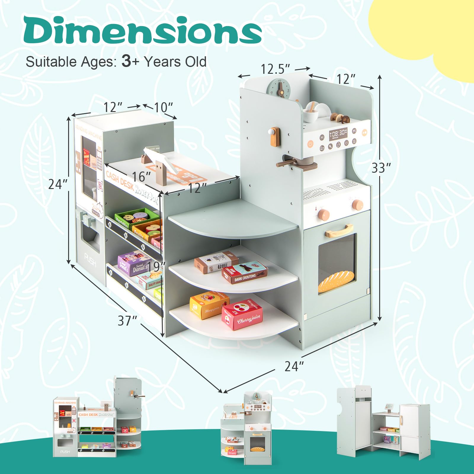 HONEY JOY Wooden Kids Grocery Store Playset with Coffee Maker, Vending Machine & Cash Register - Pretend Play Supermarket Toy with Display Shelves & Play Food for Toddlers - Perfect for Role Play, Early Learning & Social Skills Development at Home or Preschool