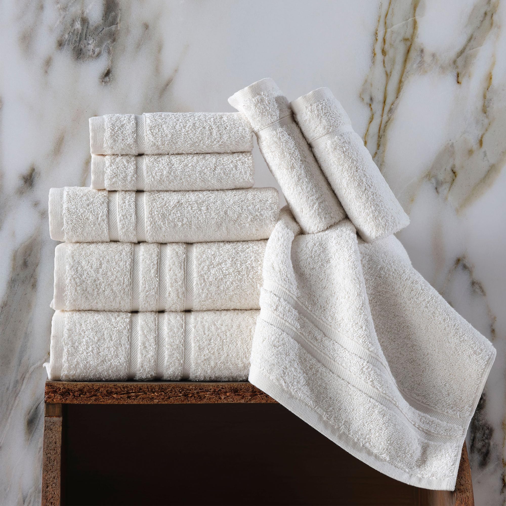 Premium 6-Piece Turkish Cotton Bath Towel Set - 2 Bath Towels, 2 Hand Towels & 2 Washcloths | Ultra Soft, Highly Absorbent Linen Cream Towels for Spa, Bathroom & Luxury Home Use (Sea Salt Color)