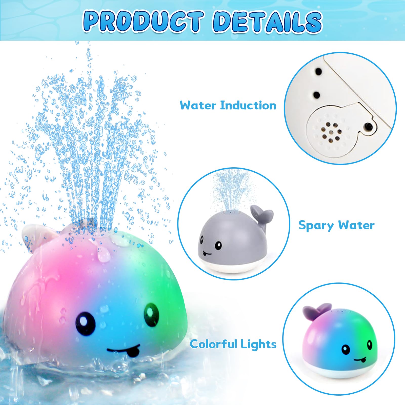 Rechargeable Light Up Baby Bath Toys with Water Spray - Fun Sprinkler Bathtub Toys for Toddlers, Kids, Boys & Girls - Perfect for Pool, Bath Time & Sensory Play (Grey)