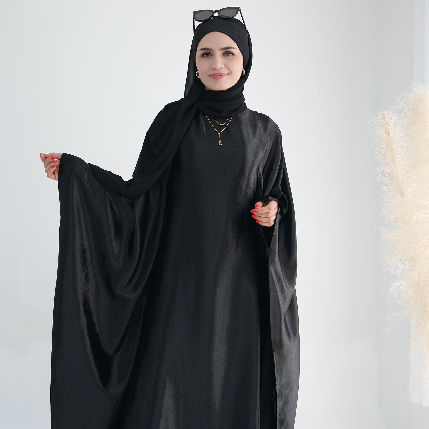 Elegant Black Alisha Butterfly Satin Abaya - Modest Muslim Dress for Women | Perfect for Prayer, Eid, Wedding & Special Occasions