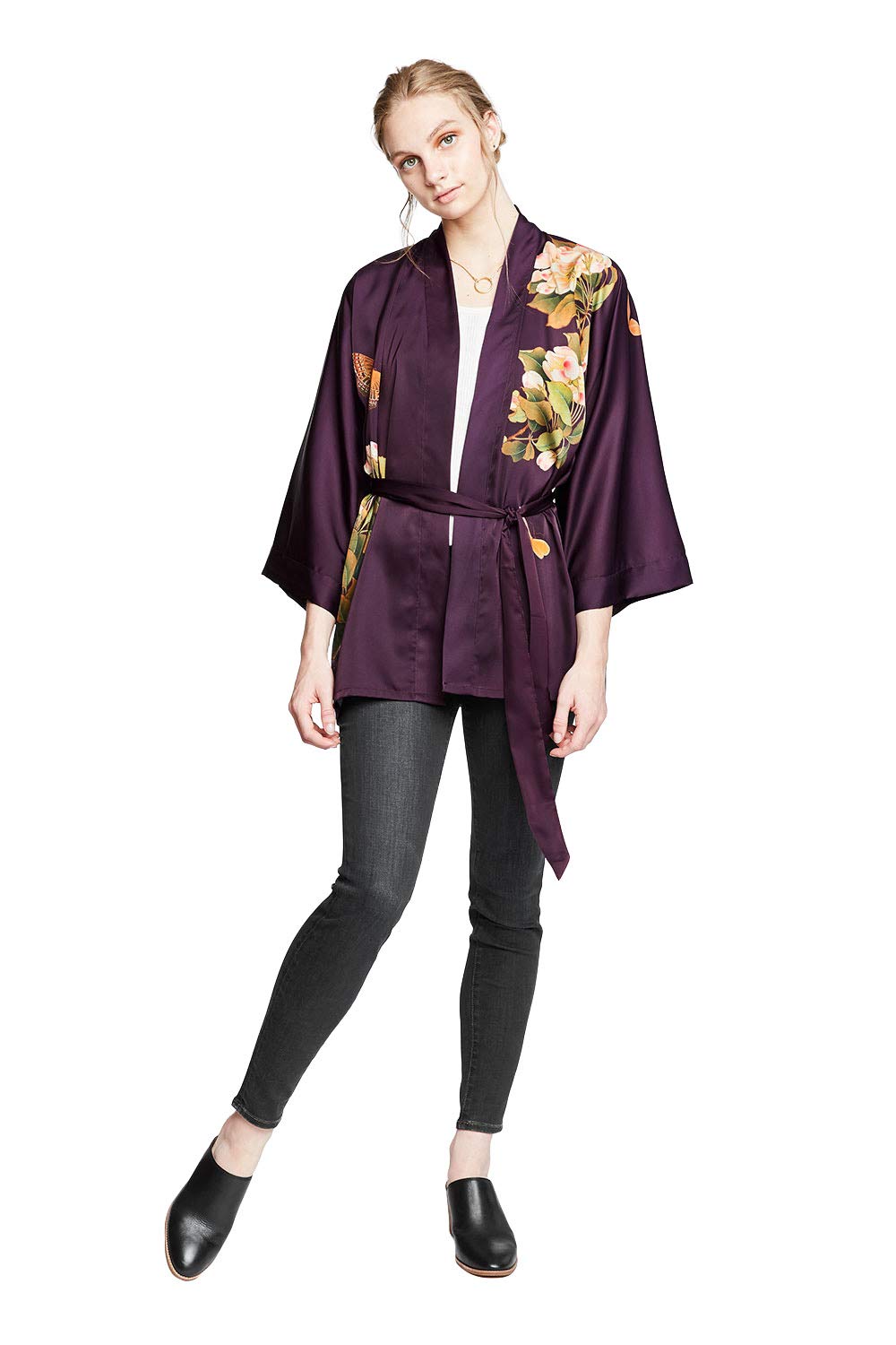 KIM+ONO Women's Charmeuse Kimono Jacket - Watercolor Floral Print Lightweight Cover Up for Beach, Vacation & Summer Outfits