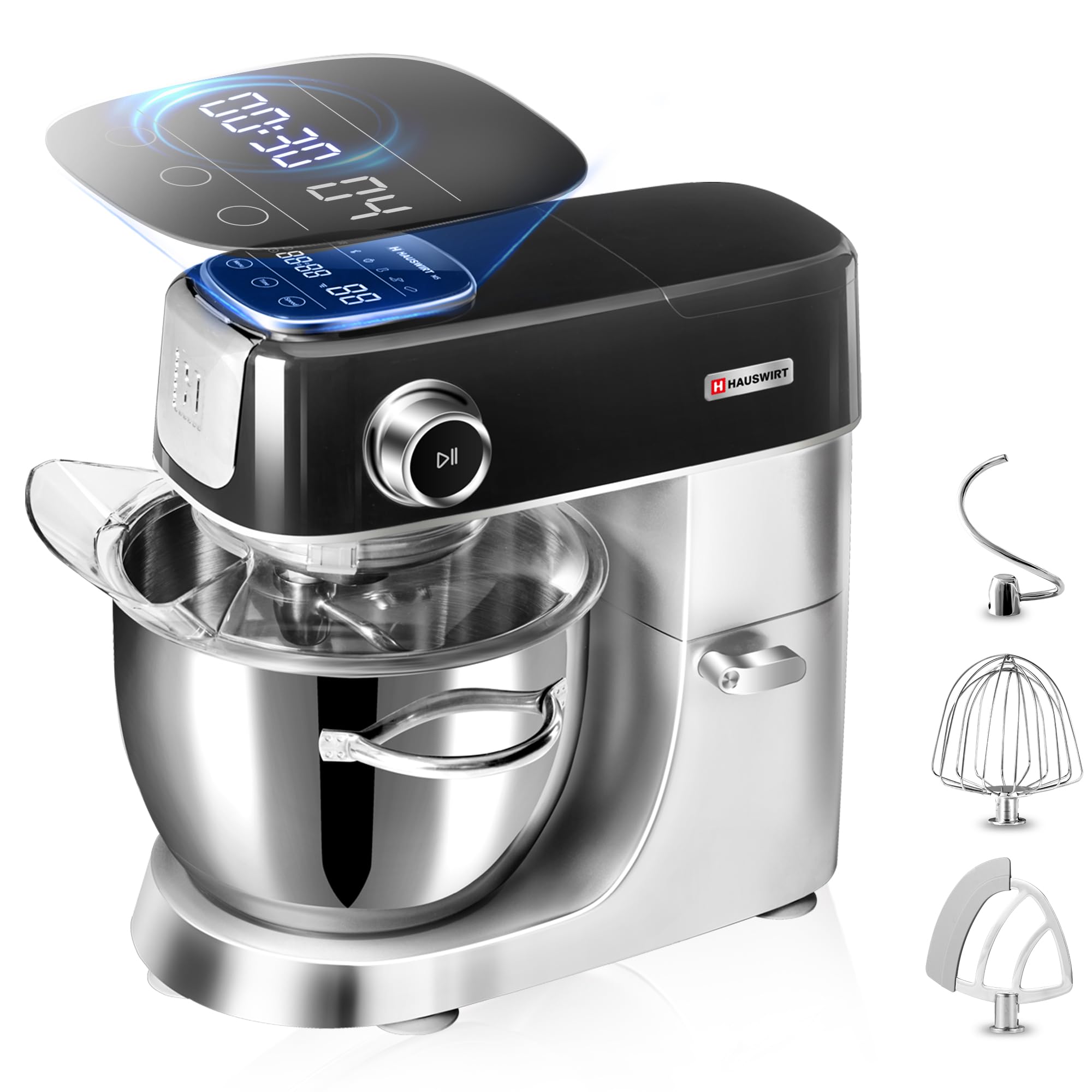 Hauswirt M5 Premium Smart Stand Mixer - 5.3Qt Kitchen Electric Mixer with LED Touchscreen, 11 Speeds, 5 Preset Menus - Includes Egg Whisk, Dough Hook & Beater - Perfect for Baking Bread, Cakes & Cookies (Black)