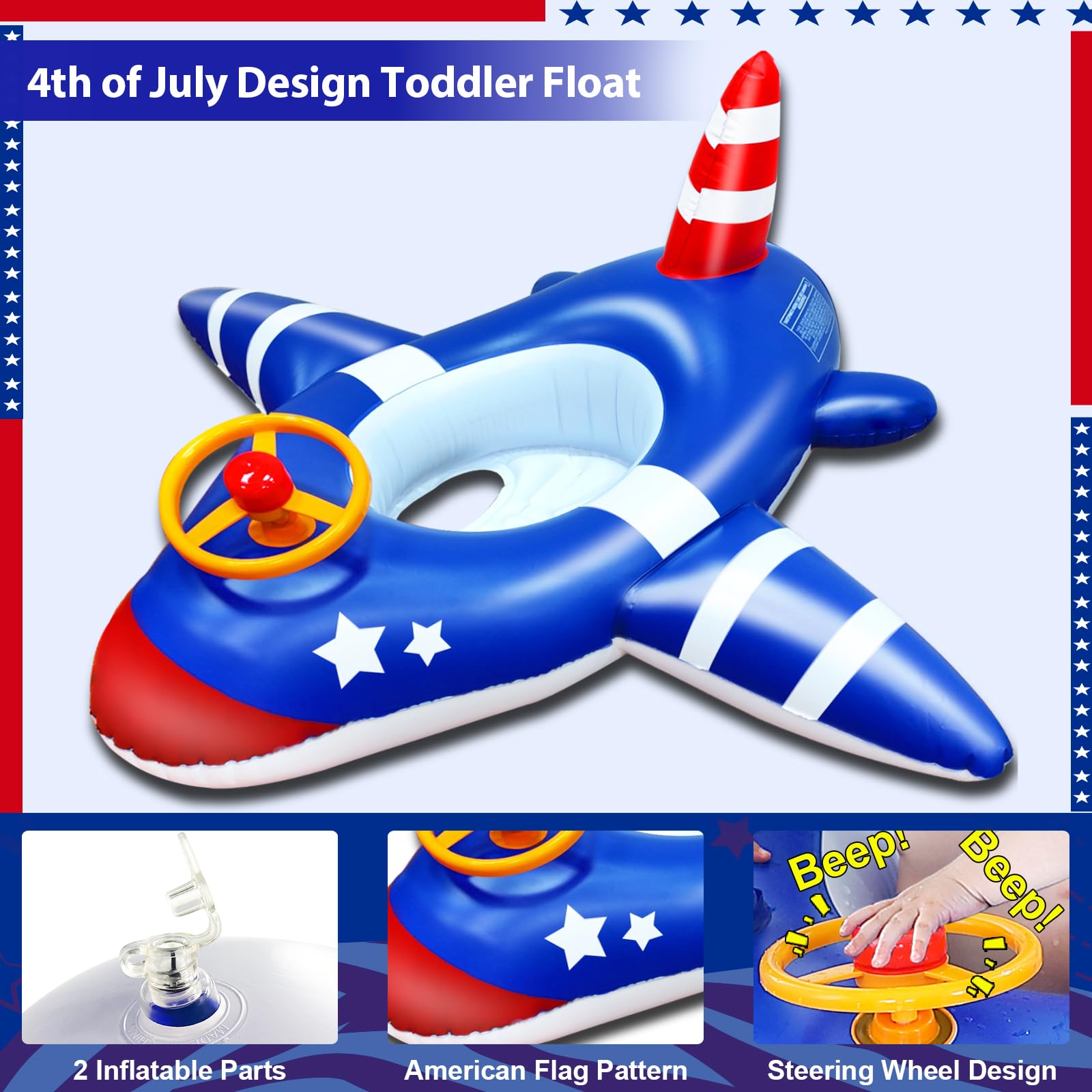 AMENON Toddler Pool Float with Safety Seat & Backrest - Large American Flag Airplane Design for Kids Age 1-4 | Summer Swimming, Beach & Pool Toys | Perfect for Water Play, Backyard Pools & Family Vacations