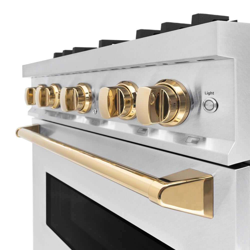 ZLINE Autograph Edition 30-inch 4.2 cu. ft. Dual Fuel Range - 4 Burner Gas Cooktop & Electric Convection Oven - Satin Stainless Steel with Polished Gold Accents (CDRSZ 30 G) - Perfect for Gourmet Kitchens & Modern Home Cooking