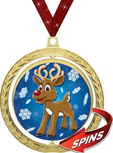 Crown Awards Reindeer Medals - 2.5 Inch Spin Wreath Christmas Medals with Shiny Red Ribbon, Gold Holiday Award for Xmas Party Decorations, School Events & Winter Sports Competitions