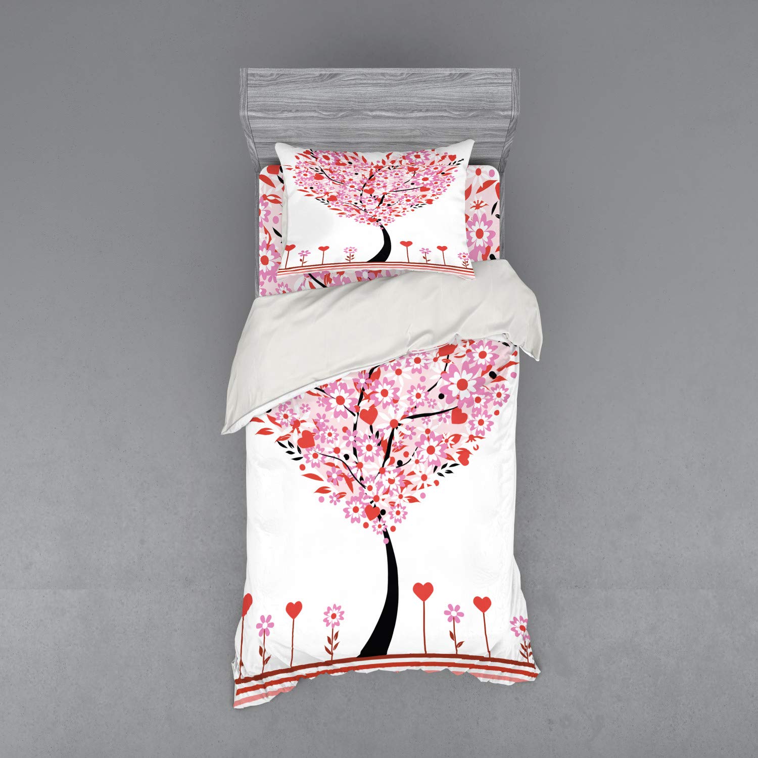 Ambesonne Valentine Duvet Cover Set - Heart Shaped Tree with Daisies Wildflowers Red Leaves Forest Romance Design, 3-Piece Bedding Set with Pillow Sham & Fitted Sheet, Twin Size, Multicolor | Perfect for Romantic Bedrooms, Valentine's Day Gifts & Cozy Home Decor