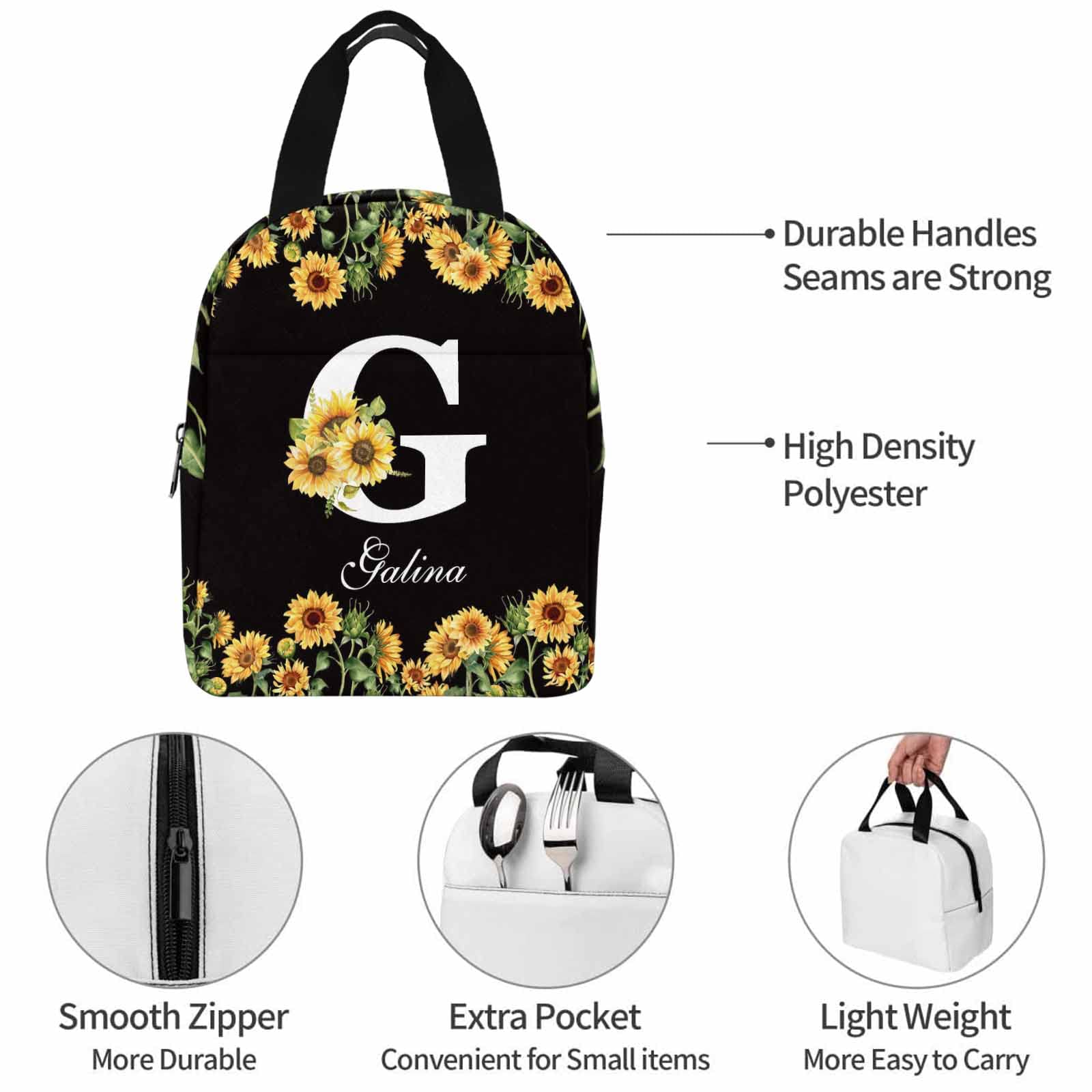 Personalized Sunflower Initial Custom Text Lunch Bag - Reusable Insulated Tote for School, Work & Travel | Perfect for Teens, Girls & Boys | Office, Camping & Picnic Essentials