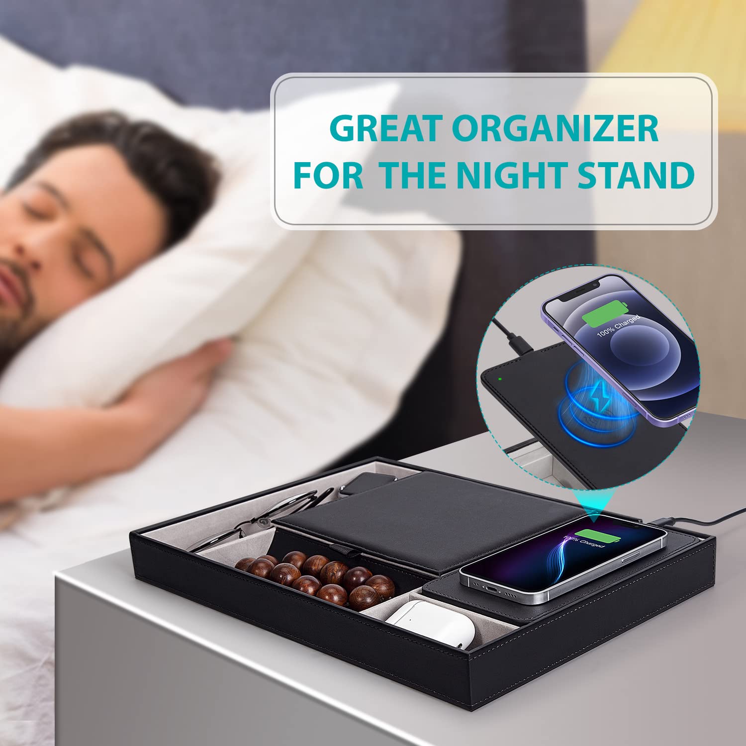 Wireless Charging Valet Tray - Leather Nightstand Organizer with 7 Compartments for Jewelry, Watch, Keys, Wallet & Phone | Desk Drawer Organizer | Perfect for Bedroom, Office & Travel Accessories Storage (Black)