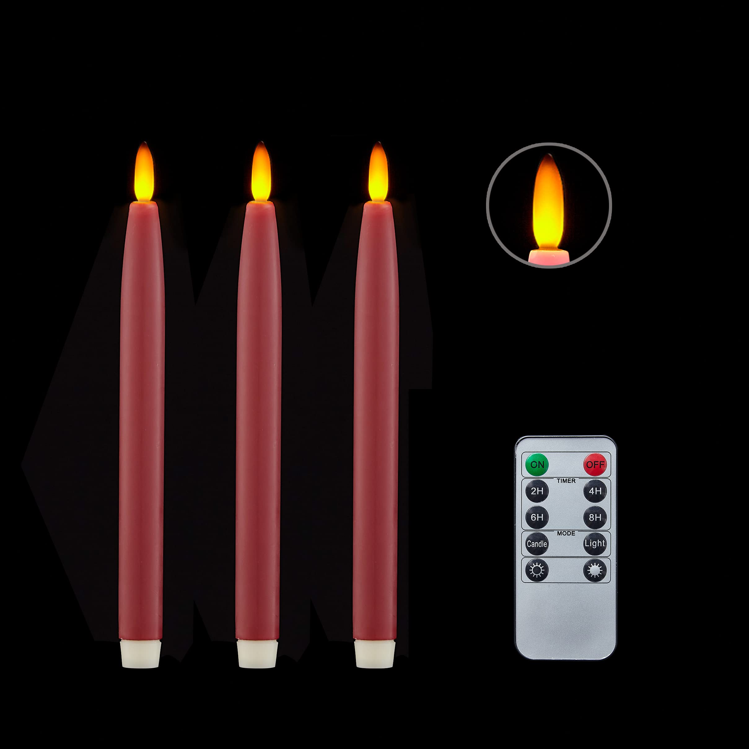 Battery Operated Flameless Taper Candles with Timer & Remote - Set of 3 Real Wax LED Tapered Dinner Candles for Windows, Dining Tables, Christmas Decorations, Wedding Centerpieces (Red) - Perfect for Holiday Lighting, Romantic Dinners & Home Decor