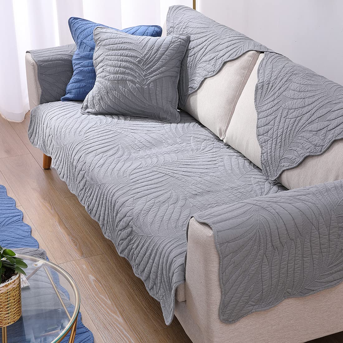 Vctops Leaf Embroidery Cotton Sofa Cover - Non-Slip Sectional Couch Slipcover for Pets, Fits L-Shaped & Recliner Couches (Grey, 43