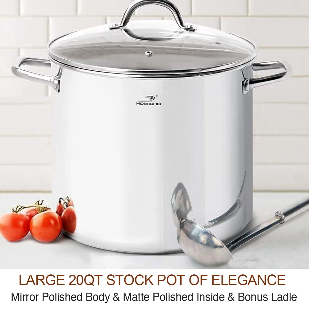 HOMICHEF 20 Quart Commercial Grade Stainless Steel Stock Pot with Lid - Nickel-Free Heavy Duty Induction Soup Cookware for Restaurants, Catering & Home Kitchens - Perfect for Soups, Stews, Pasta & Large Batch Cooking