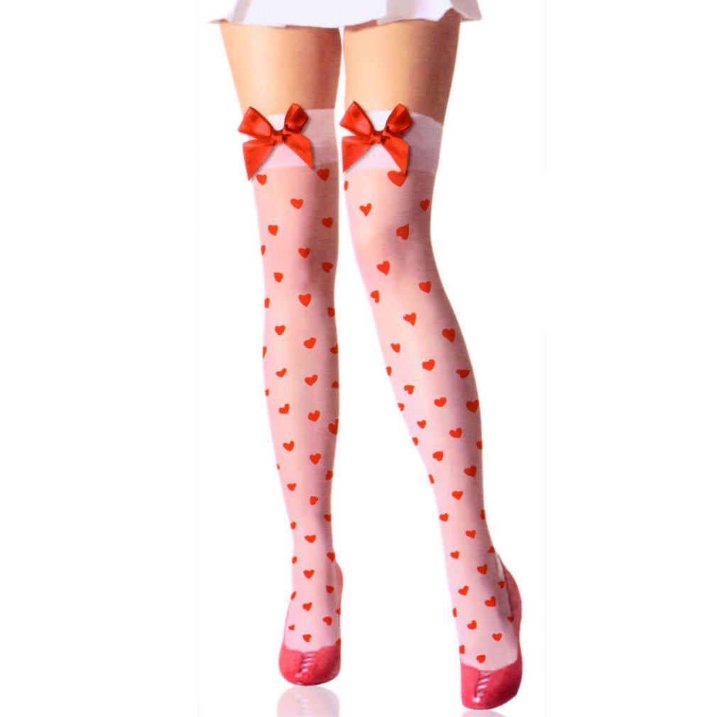 Amybria Women's Sexy Thigh High Stockings - Red Bowknots & Heart Dots White Stockings for Valentine's Day, Cosplay, Lingerie & Special Occasions