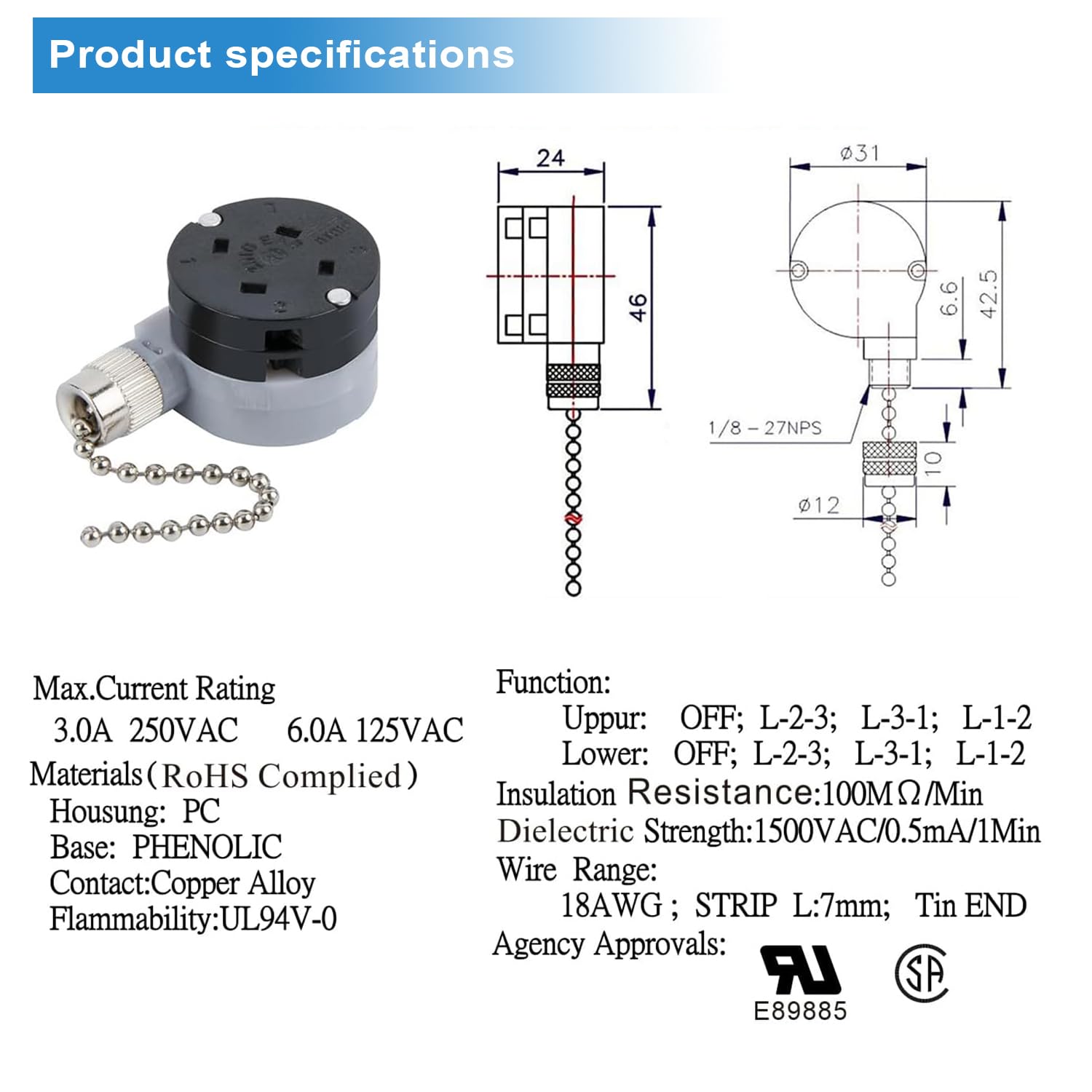 Zing Ear ZE-208D 3-Speed Ceiling Fan Control Switch with 5-8 Wire Pull Chain - Nickel Finish Replacement Part for Ceiling Fans - Perfect for Bedroom, Living Room & Home Renovation Projects