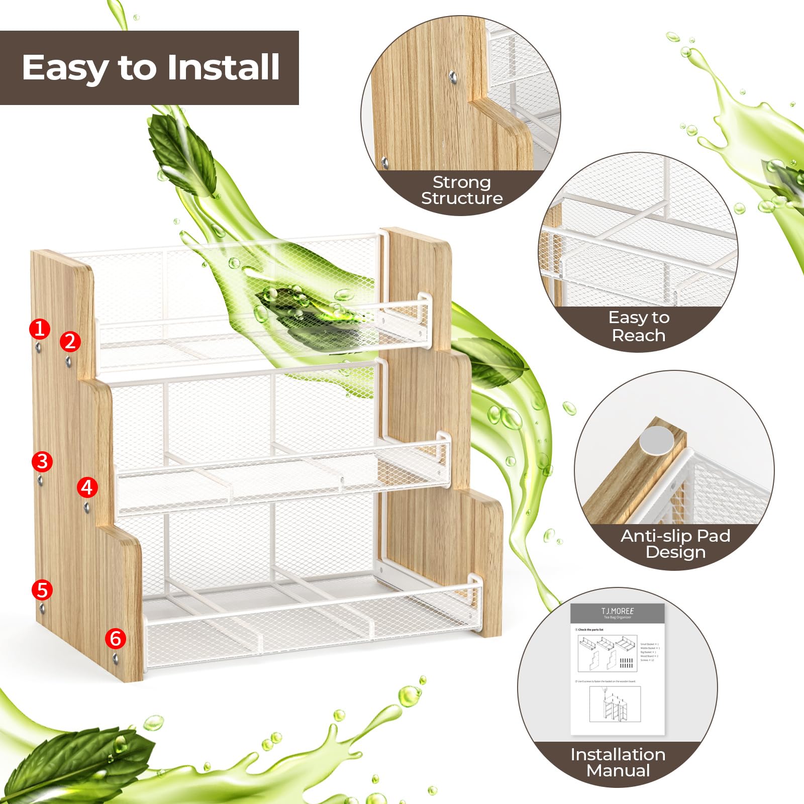 TJ.MOREE 3-Tier Solid Wood Tea Bag Organizer & Storage Box - Perfect for Tea, Coffee, Sugar Packets & Creamers - Ideal for Kitchen Countertop, Office, Cabinet Pantry & Home Organization (White)