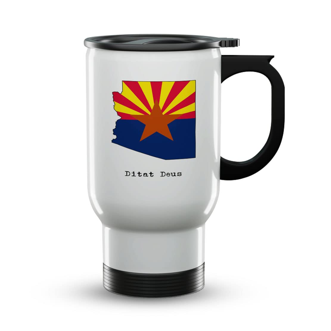Arizona Ditat Deus Gifts and Souvenirs - 14oz White Travel Mug with Handle and Lid - Unique Arizona Graduation Drinkware - Best USA State Motto & Flag Gifts - Perfect for Coffee, Tea, and On-the-Go Hydration