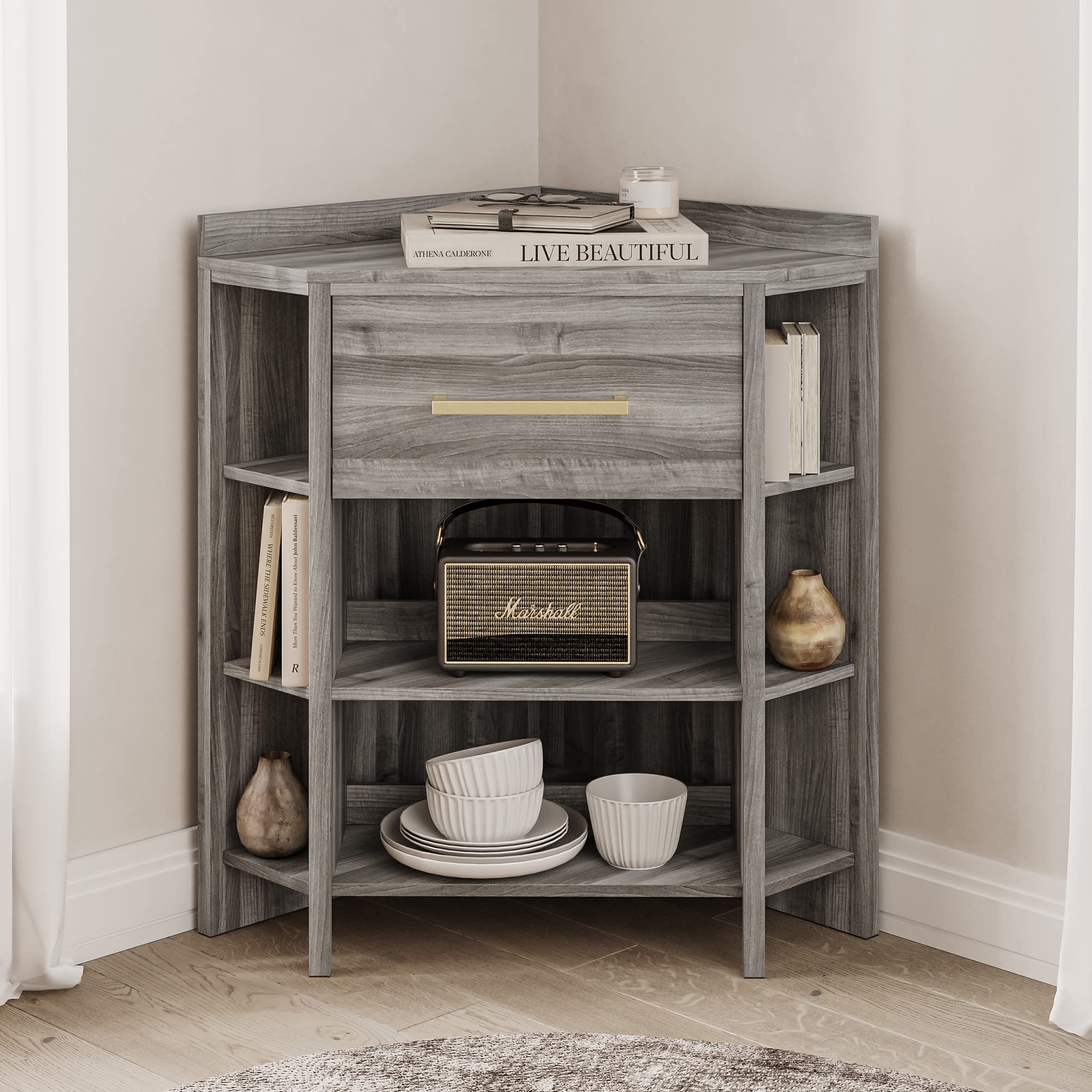 BELLEZE Corner Cabinet with USB Type A/C Outlet, Storage Drawer & 8 Shelves - Space-Saving Furniture for Bedroom, Living Room, Office - Organize Small Spaces - Sonoma Gray Finish