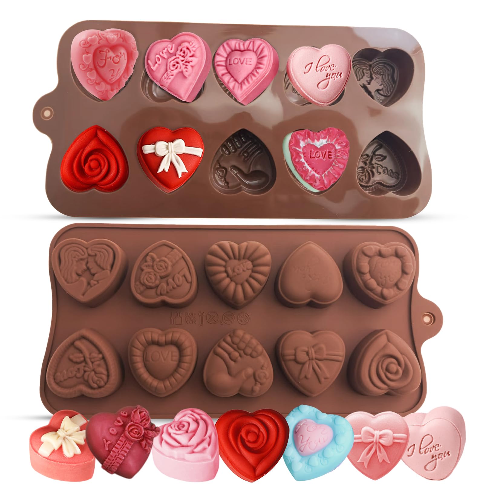 2PCS Heart Chocolate Molds Set - 10 Romantic Rose Silicone Baking Molds for DIY Chocolate, Candy, Gummy & Ice Cubes - Non-Stick, Reusable - Perfect for Valentine's Day, Weddings & Romantic Desserts