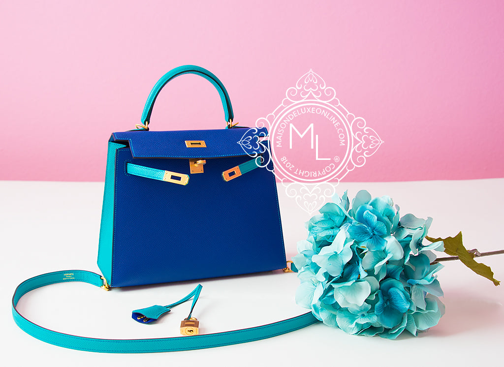 Authentic Hermes Kelly 25 Handbag in Blue Electrique & Blue Paon - Epsom Leather Sellier - Luxury Designer Shoulder Bag for Women | Perfect for Work, Evening Events & Special Occasions
