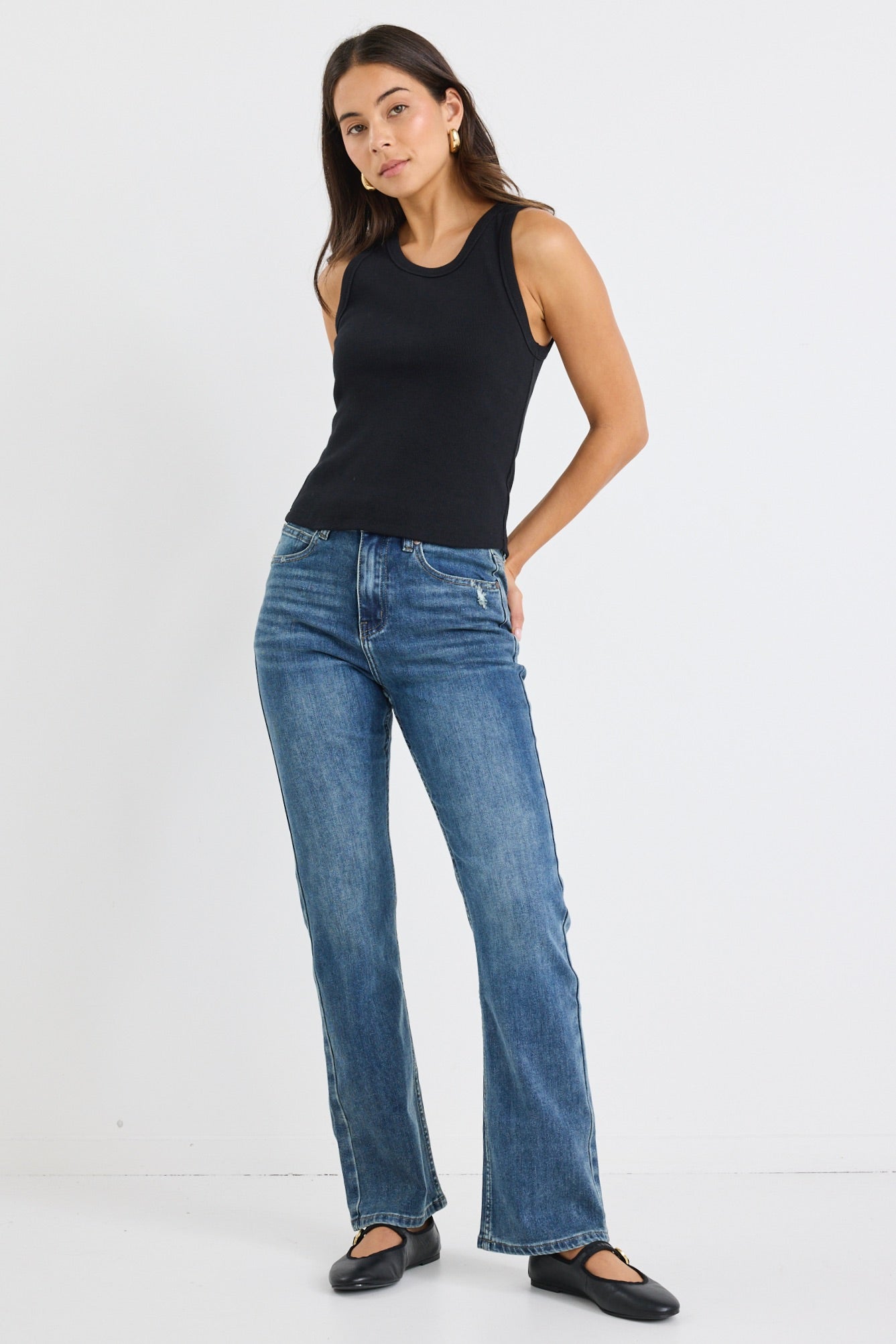 Farah Mid Blue High Rise Soft Flare Jeans for Women - Stretchy Comfort Denim Pants with Flared Leg - Perfect for Casual Wear, Office Outfits & Date Nights