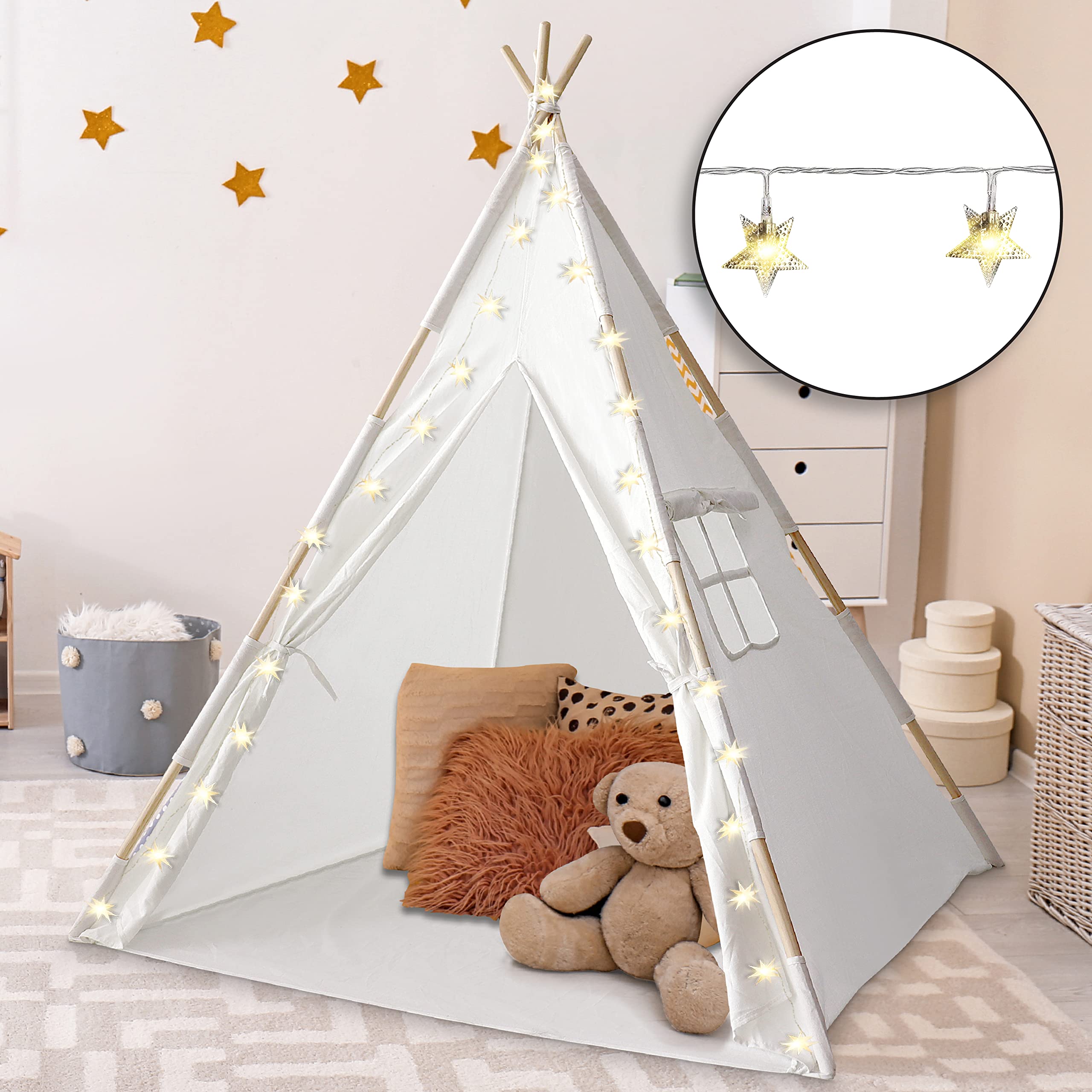 Orian Kids Teepee Tent - Indoor & Outdoor Play Tent with LED Star Lights, Easy Setup, 59 x 45 Inches, for Ages 3+ | Perfect for Playrooms, Bedrooms, Backyards & Camping Adventures