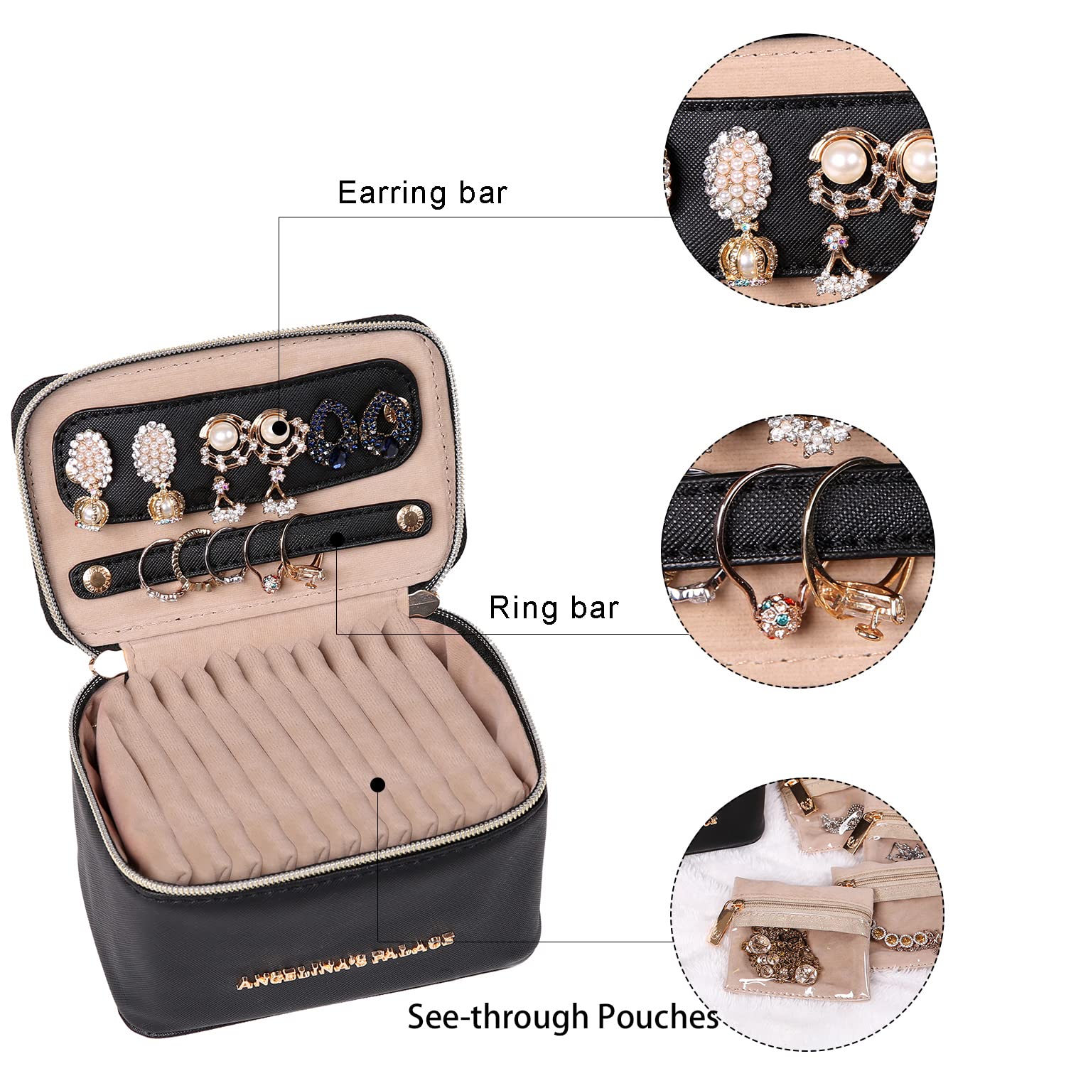 Angelina's Palace Jewelry Organizer Travel Case - Vegan Leather Storage Box for Necklace, Earrings, Bracelet & Ring - Perfect Bridesmaid Gift & Travel Accessory (Black) - Ideal for Bridal Showers, Bachelorette Trips & Home Organization
