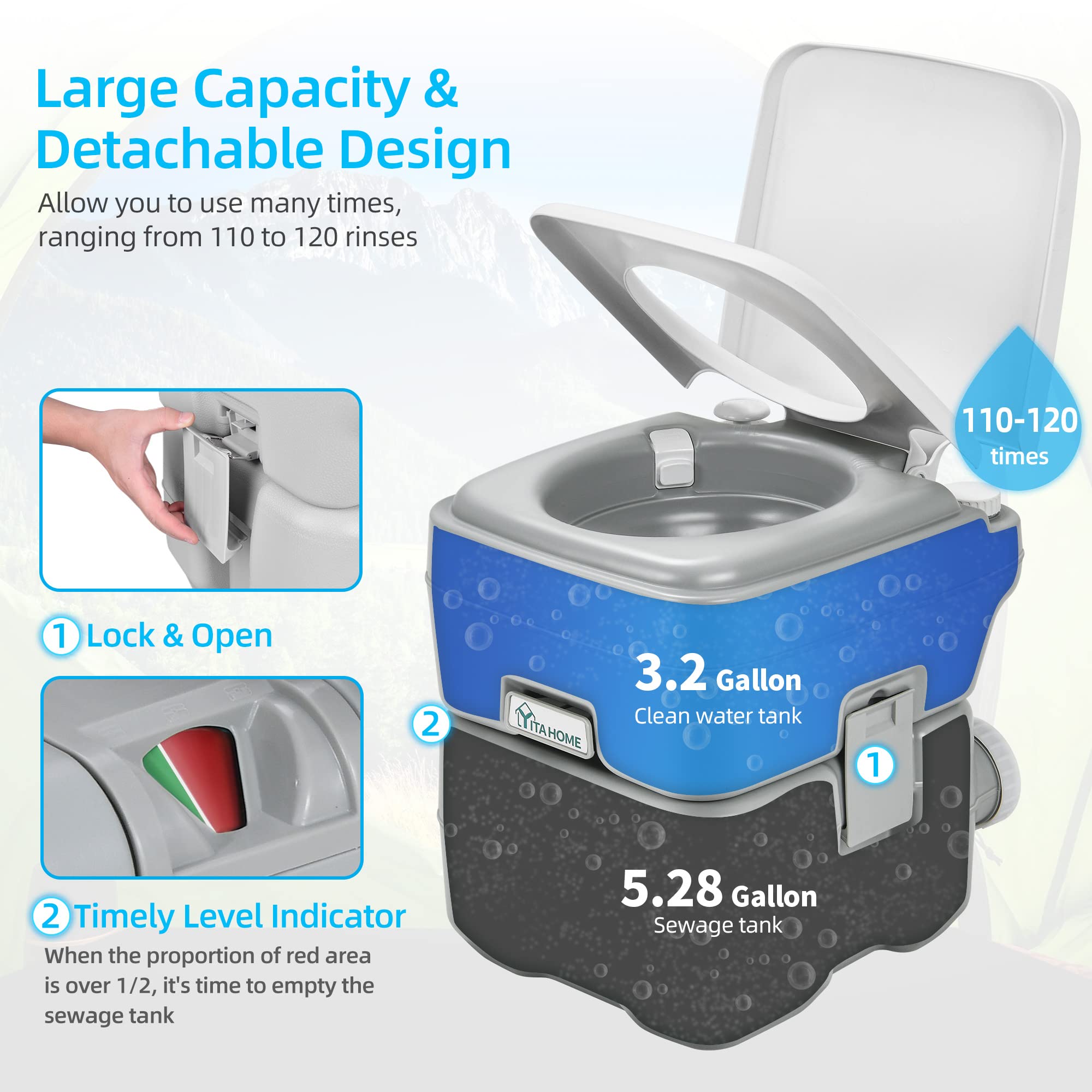 YITAHOME 5.28 Gallon Portable Toilet - Leak-Proof Camping Toilet with Carry Bag, Hand Sprayer & Level Indicator - Ideal for RV Travel, Boat Trips, Outdoor Camping & Emergency Use