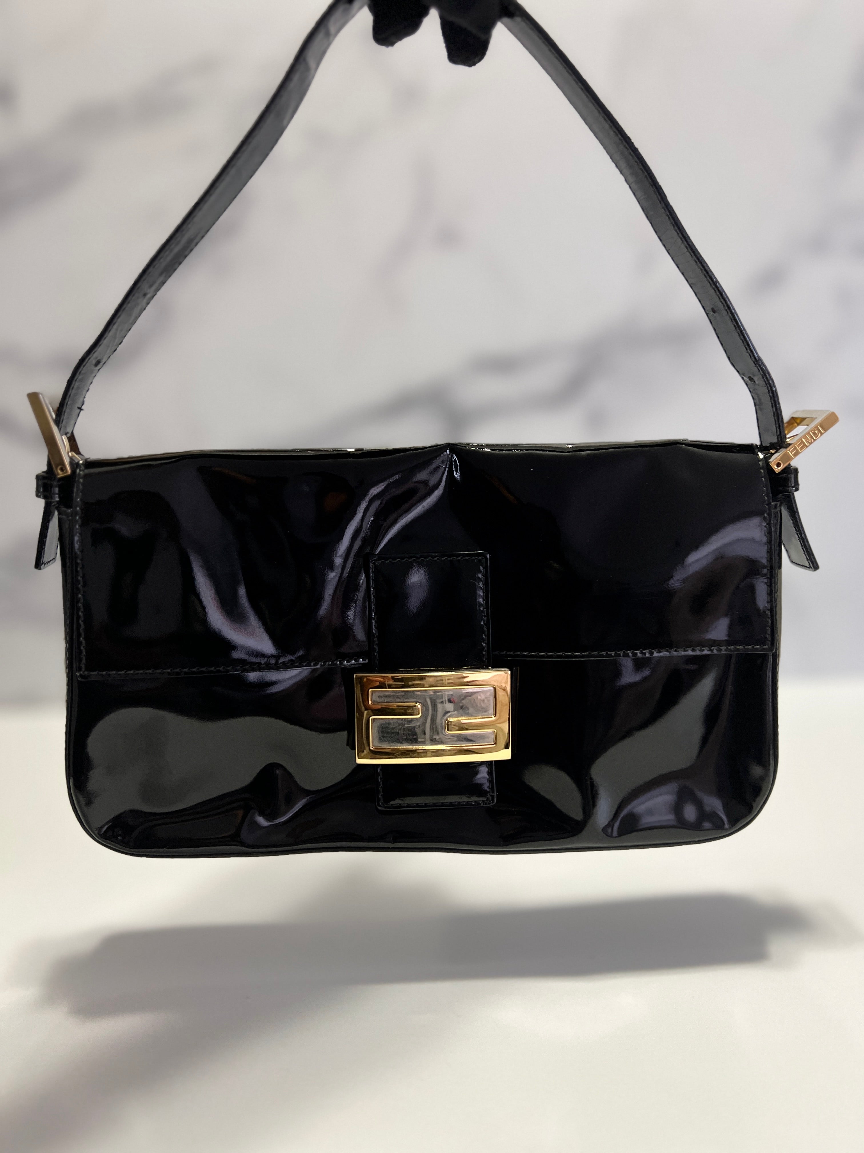 Fendi Black Patent Leather Baguette Bag - Luxury Designer Crossbody Purse for Women, Perfect for Evening Parties & Date Nights
