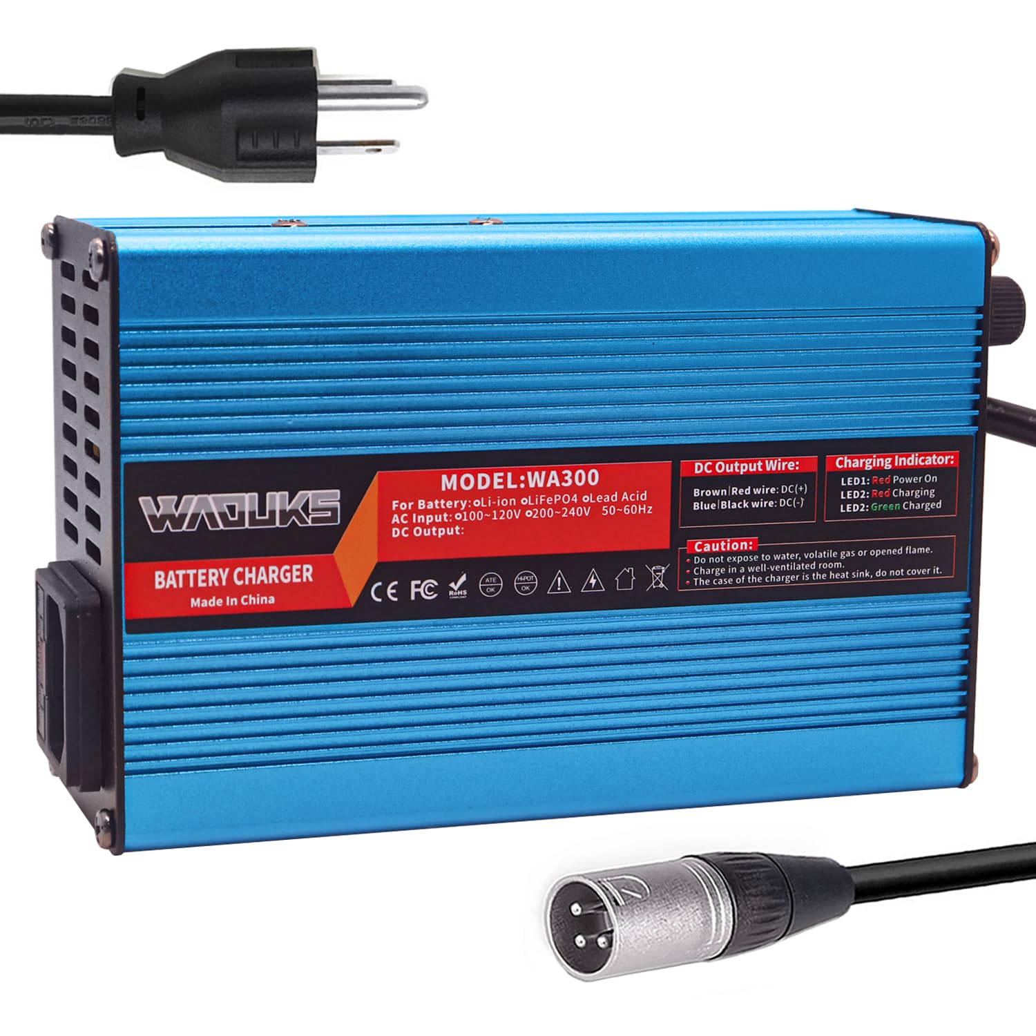 24V 8A Smart Charger for Lead Acid AGM Gel VRLA OPZV Batteries - XLR 3-Pin Connector with Cooling Fan & Blue Aluminum Case - Perfect for Golf Carts, Scooters, Wheelchairs and Marine/RV Batteries