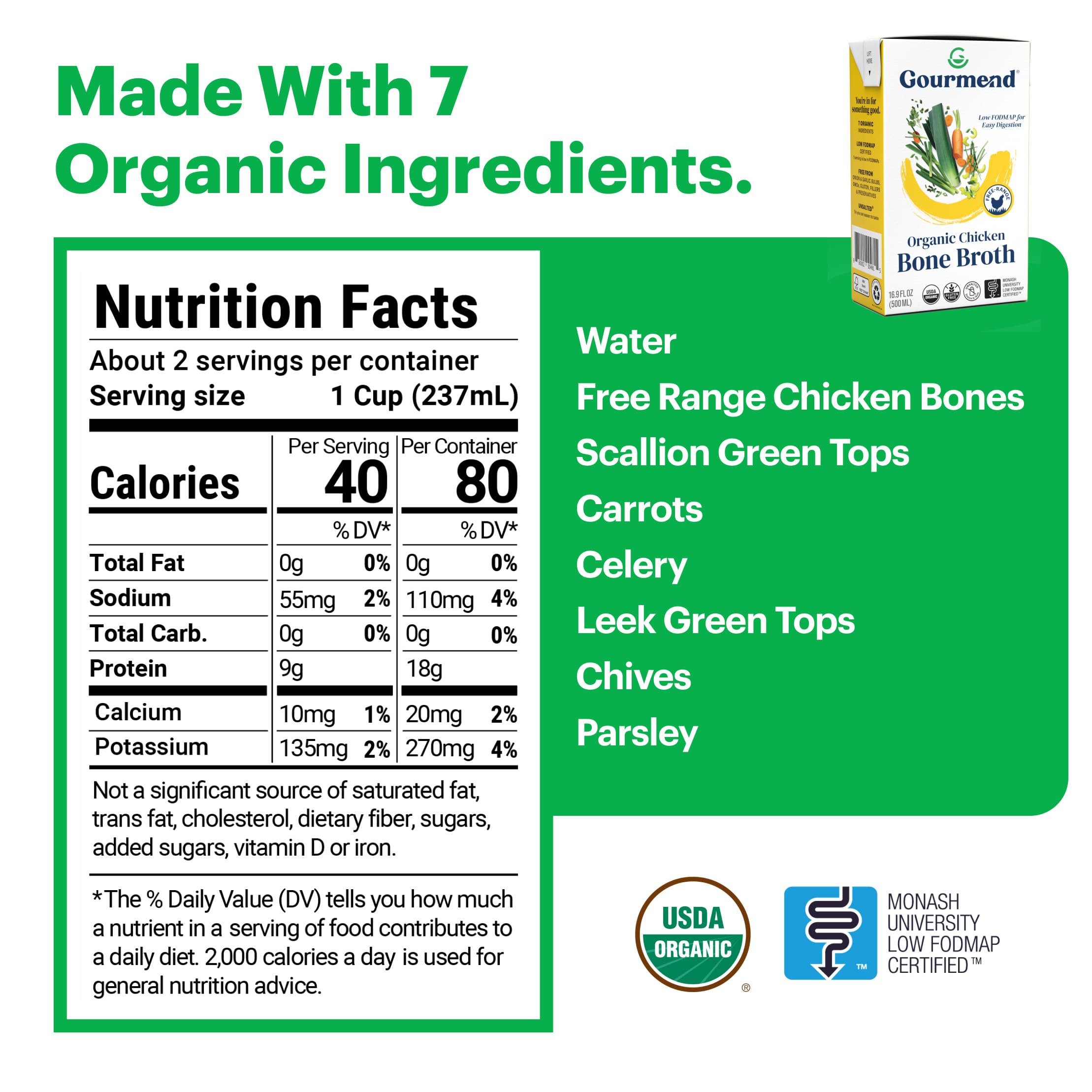 Organic Unsalted Chicken Bone Broth 16.9oz (12 Pack) – 7 Simple Ingredients, Low FODMAP Certified, Gluten Free, No Fillers, No Onion or Garlic – Perfect for Keto, Paleo & Gut Health Diets