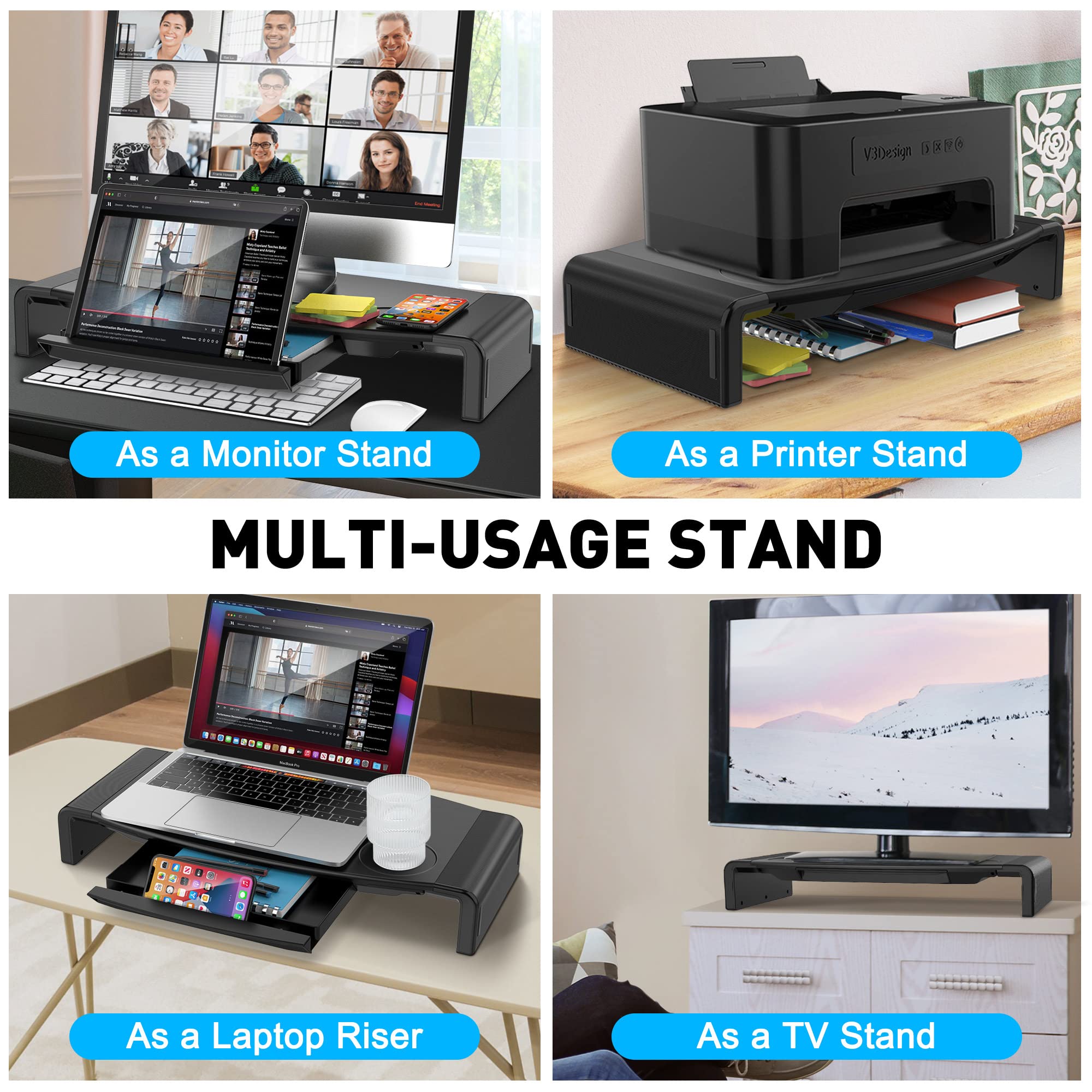 AboveTEK Foldable Monitor Stand with Drawer - Adjustable Height Computer Riser for PC, Laptop, Printer | Space-Saving Desk Organizer | Perfect for Home Office, Gaming Setup & Workspace (Black)