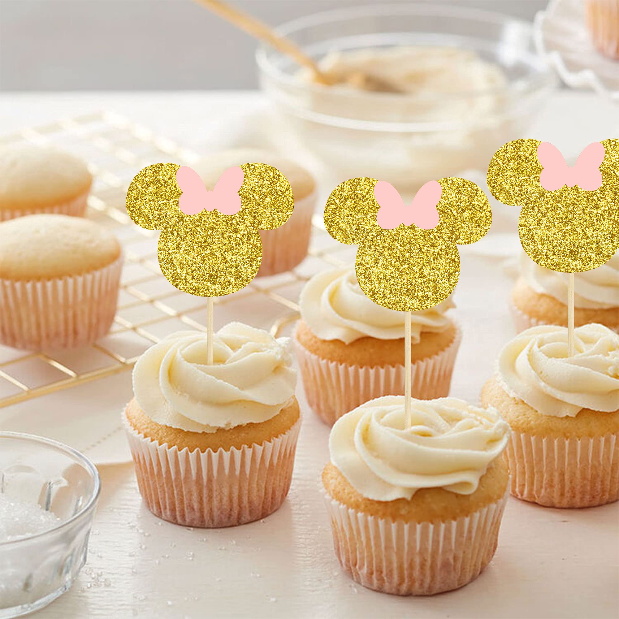 36 Pack Mouse-Inspired Cupcake Toppers with Pink Bow & Gold Glitter - Adorable Baby Shower, Wedding, Kids Birthday Party Cake Decorations - Perfect for Themed Desserts, DIY Baking, and Special Celebrations