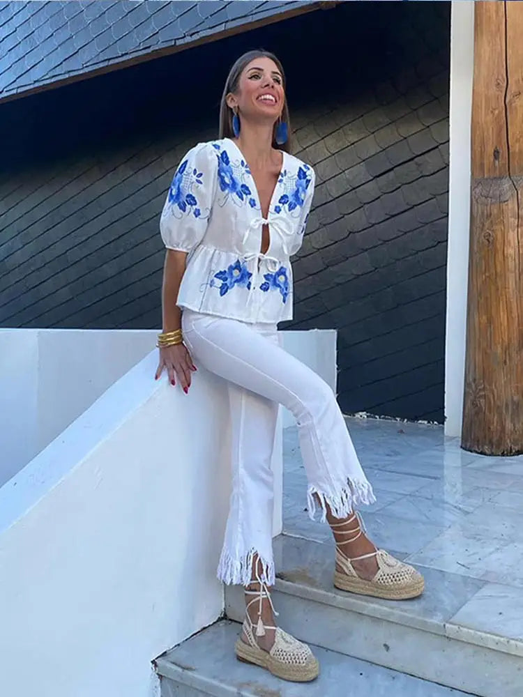 Elegant Floral Print Short Puff Sleeve Blouse for Women - Loose Fit V-Neck Lace-Up Ruffled Top | Spring Summer Fashion Streetwear | Perfect for Casual Outings, Date Nights & Office Wear